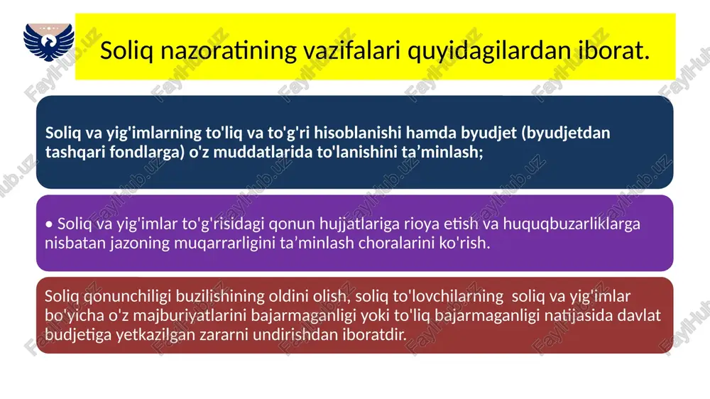 q to‘lovchining faoliyati to‘g‘risida soliq organida mavjud bo‘lgan boshqa hujjatlar hamda ma’lumotlarni tahlil qilish asosida soliq organi tomonidan o‘tkaziladi. diqqat savol? kameral soliq tekshiruvi qanday hollarda o’tkaziladi? javob! kameral soliq tekshiruvi quyidagi hollarda o‘tkaziladi. tekshiruvdan oldingi tahlil natijalarida aniqlangan tafovutlar bo‘yicha soliq to‘lovchiga soliq organi tomonidan yuborilgan xabarnomaga javoban xabarnoma olingan kundan e’tiboran o‘n kun muddatda soliq to‘lovchi tomonidan aniqlashtirilgan soliq hisoboti yoxud asoslantirishlar taqdim etilmaganda. soliq xavfini boshqarish tizimi asosida aniqlangan soliq to‘g‘risidagi qonunchilik buzilishi sodir etilganligi xavfi mavjudligida. soliq to‘lovchi tomonidan taqdim etilgan soliq hisobotida tafovutlar yoki xatolar aniqlanganda. soliq to‘g‘risidagi qonunchilik talablarining buzilishi holatlari haqida jismoniy va yuridik shaxslarning murojaatlari soliq organiga tushganda. soliq to‘lovchi tomonidan oldin taqdim etilgan soliq hisobotiga nisbatan to‘lanishi lozim bo‘lgan soliq summasini kamaytiradigan yoki ko‘rilgan zarar summasini ko‘paytiradigan aniqlashtirilgan soliq hisoboti taqdim etilganda. kameral soliq tekshiruvida quyidagi soliq nazorati tadbirlarini o‘tkazish taqiqlanadi. 1) soliq to‘lovchining hududiga kirish; 2) soliq to‘lovchining hududini va …