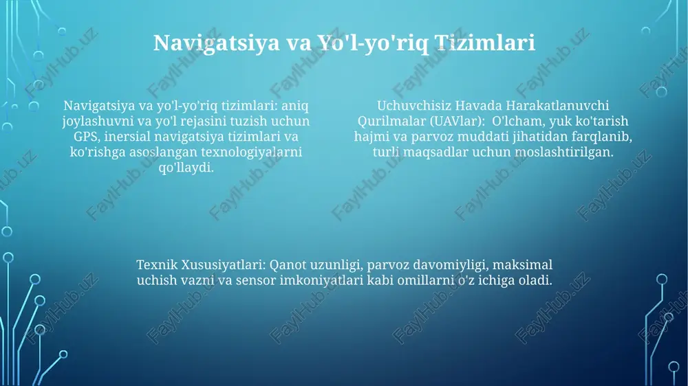 izimlar harakatlantiruvchi tizimlar: elektr motorlar, ichki yonish dvigatellari va gibrid tizimlar. texnik xususiyatlari: yuk ko'tarish qobiliyati, uchish vaqti, masofa, tezlik va balandlik. texnik xususiyatlari: yuk ko'tarish qobiliyati, uchish vaqti, masofa, tezlik va balandlik. e'tiboringiz uchun rahmat @taqdimot_robot image1.png image2.png image3.png image4.png image5.png