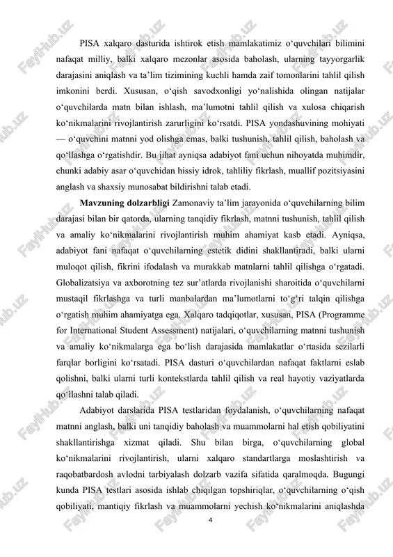 sh, talabalarning zaif va kuchli tomonlarini aniqlash va ta’lim sifatini oshirishda yordam beradi. pisa materiallaridan foydalanish pedagogik jihatdan ham ahamiyatli bo‘lib, darslarni interaktiv va qiziqarli tarzda tashkil etishga, o‘quvchilarning faolligini oshirishga xizmat qiladi. talabalar matn bilan ishlash jarayonida o‘z fikrini asoslash, argumentlar keltirish va bahslashish ko‘nikmalarini rivojlantiradi. ularning nafaqat akademik, balki amaliy va ijtimoiy ko‘nikmalari ham shakllanadi. adabiyot darslarida pisa xalqaro dasturi materiallaridan foydalanish nafaqat bilim va ko‘nikmalarni rivojlantirish, balki ta’lim sifatini yaxshilash, o‘quvchilarning tanqidiy fikrlashini mustahkamlash va ularni zamonaviy talablar darajasiga moslashtirish jihatidan katta ahamiyatga ega. mavzuning maqsadi adabiyot darslarida pisa xalqaro dasturi materiallaridan foydalanishning pedagogik imkoniyatlarini o‘rganish va o‘quvchilarning matnni tushunish, tanqidiy fikrlash hamda amaliy ko‘nikmalarini rivojlantirish yo‘llarini aniqlashdir. tadqiqot orqali adabiyot ta’limini xalqaro standartlarga moslashtirish, dars jarayonini interaktiv va samarali qilish, o‘quvchilarning fikrlarini asoslash va muammolarni hal etish qobiliyatlarini shakllantirish maqsad qilinadi. mavzuning vazifalari · pisa xalqaro dasturining metodologiyasi va o‘quvchilarning o‘qish, matnni tushunish va tahlil qilish …