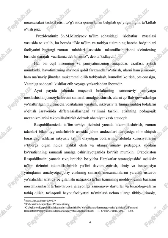 zda psixik rivojlanish dinamikasining tadbiq etilishi -hozirgi zamon yosh psixologiyasining aktual muammosini o‘rganish va tahlil qilish; kurs ishining maqsadiga ko’ra quyidagi vazifalar belgilandi: - mavzuga doir tibbiy, psixologik-pedagogik va metodik adabiyotlarni o‘rganish va tahlil qilish; - ontogenezda psixik rivojlanish dinamikasining tadbiq etilishi sabablarini o’rganish; - hozirgi zamon psixologiyasining aktual muammosi sifatida qaralayotgan ontogenezning psixik rivojlanish dinamikasining tadbiq etilishi sabablari; - bugungi kunda butun dunyoda global muammoga aylangan “autizim”, “daun” kabi sindrom bilan tug‘ilgan bolalarga ijtimoiy-tibbiy yordam ko’rsatish samaradorligini oshirish to‘g‘risida ilmiy-amaliy ishlanmalarni tadbiq qilish; - akseleratsiya jarayonning tezlashishini global muammo sifatida o’rganish; - korreksion, pedogogik va psixologik ishlarni o‘rganish yo‘llari yuzasidan tavsiyalar berish; kurs ishi obyekti: ontogenezda psixik rivojlanish dinamikasining tadbiq etilishi - hozirgi zamon yosh psixologiyasining aktual muammolarini o‘rganish jarayoni; kurs ishi predmeti: ontogenezda psixik rivojlanish dinamikasining tadbiq etilishi - hozirgi zamon yosh psixologiyasining muammolarini o‘rganish shakl, metod va vositalari; kurs ishining metodologik asoslari: o‘zbekiston respublikasi konstitusiyasi, davlat dasturlari, …