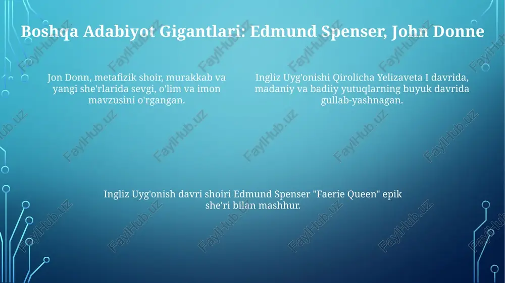 ungi kunda ham aks-sado beruvchi asarlar yaratdilar. kristofer marlou: fojialiq ustasi uning asarlari qirolicha yelizaveta i davrining tarang vaqtlari aks ettirilgan holda, hokimiyat, ambitsiya va insoniyat holati kabi mavzularni o'rganadi. marlouning o'yinlari, jumladan "doktor faust" va "doktor faustning fojiali tarixi", jonli qahramonlari va hayajonli hikoyalari bilan tomoshabinlarni o'ziga jalb qildi. kristofer marlou taniqli elizabeth davri dramaturgi bo'lib, fojiali asarlari bilan mashhur edi. musiqa va san'at: ijodiyotning gullab-yashnashi rassomchilik san'ati uyg'onish davri g'oyalarining tiklanishini boshdan kechirdi, hans xolbayn kichik va nikolas xilliard kabi rassomlar portretlar va miniatyuralar yaratdilar. teatr gullab-yashnadi, uilyam shekspir va kristofer marlou kabi dramaturglar asarlar yaratishdi. musiqa gullab-yashnadi, madrigal, lut qoʻshiqlari va klaviatura musiqasi mashhur boʻldi. e'tiboringiz uchun rahmat @taqdimot_robot image1.png image2.png image3.png image4.png image5.png