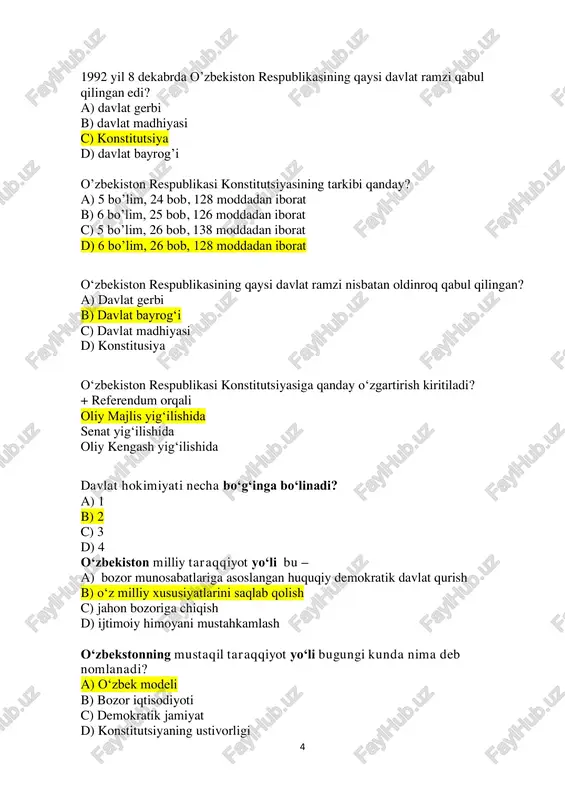 deputatlari c) bosh vazir d) viloyat hokimi tumanlarga boysunadigan shahar hokimlari kim tomonida tayinlanadi? a) prezident b) tuman hokimi c) bosh vazir d) viloyat hokimi o‘zbekiston respublikasida saylovlar kim tomonidan tashkil qilinadi? a) prezident tomonidan b) oliy majlis tomonidan c) markaziy saylov komissiyasi tomonidan d) fuqarolar yig’inlari tomonidan o‘zbekiston respublikasida necha yoshga to’lgan shaxslar saylash huquqiga ega? a) 16 b) 18 c) 21 d) 25 necha yoshdan kam bo’lmagan fuqarolar prezidentlikka saylanishi mumkin? a) 35 yoshdan b) 25 yoshdan 7 c) 21 yoshdan d) 18 yoshdan necha yoshga to’lgan fuqarolar oliy majlisga saylanishi mumkin? a) 35 yosh b) 25 yosh c) 21 yosh d) 18 yosh necha toshga to’lgan fuqarolar viloyat, tuman, shahar kengashlariga deputatlikka saylanishi mumkin? a) 35 yosh b) 25 yosh c) 21 yosh d) 18 yosh “o’zbekiston havo yo’llari” milliy aviakompaniyasi qachon tashkil etiladi? a) 1990 yil 16 aprelda b) 1994 yil 21 dekabrda c) 1992 yil …