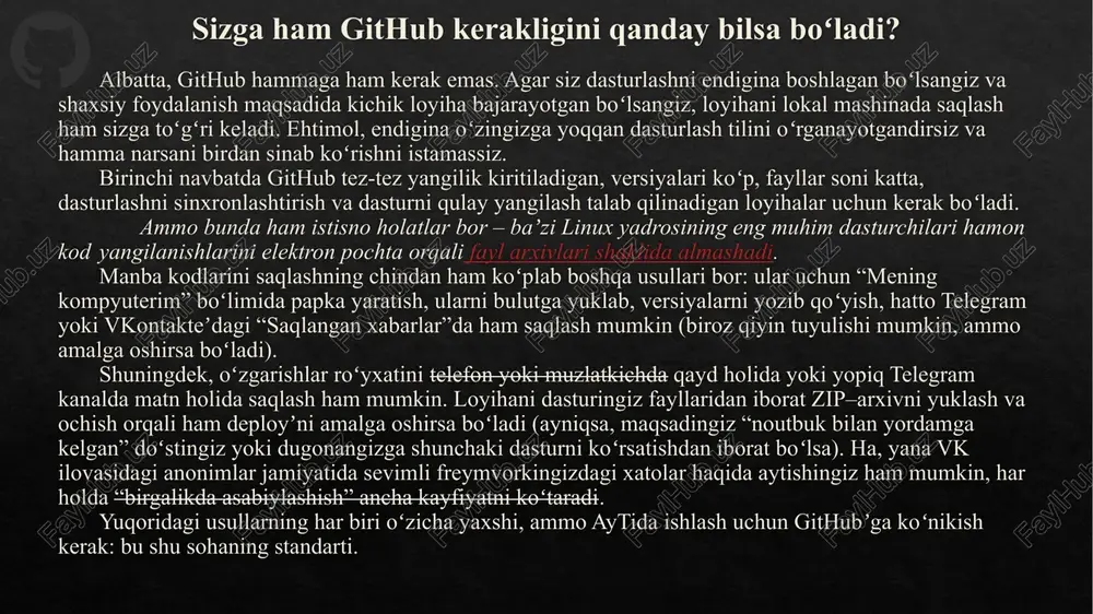 davom etish” uchun repozitoriyning alohida nusxasini yaratish. agar siz begona loyihaning muallifiga aniq yaxshilanishlarni taklif qilish maqsadida forklagan boʻlsangiz, ishingiz tayyor boʻlganda uni manba repozitoriyga “pull qilish”, yaʼni pull request (oʻzgartirish kiritishga ruxsat soʻrash) kerak boʻladi. github asosiy buyruqlari git config --global user.name "ismingiz" git config --global user.email "email@example.com" git init ➡ yangi git repozitoriya yaratadi. git clone https://github.com/foydalanuvchi/loyiha.git ➡ github’dagi loyihani kompyuteringizga yuklaydi. git status ➡ o‘zgargan fayllarni ko‘rsatadi. git add fayl_nomi ➡ faylni kuzatuvga qo‘shadi. git add . ➡ hamma fayllarni birdan qo‘shadi. git commit -m "izoh yozuvi" ➡ o‘zgartirishlarni saqlaydi. github asosiy buyruqlari git branch ➡ barcha branchlarni ko‘rsatadi. git branch yangi_branch ➡ yangi branch yaratadi. git checkout yangi_branch ➡ shu branchga o‘tadi. git merge yangi_branch ➡ o‘zgarishlarni birlashtiradi. git remote add origin https://github.com/foydalanuvchi/loyiha.git ➡ loyiha github bilan bog‘lanadi. git push -u origin main ➡ o‘zgarishlar github’ga yuklanadi. git pull ➡ github’dagi o‘zgarishlar yuklanadi. repozitoriylar yaratish va …