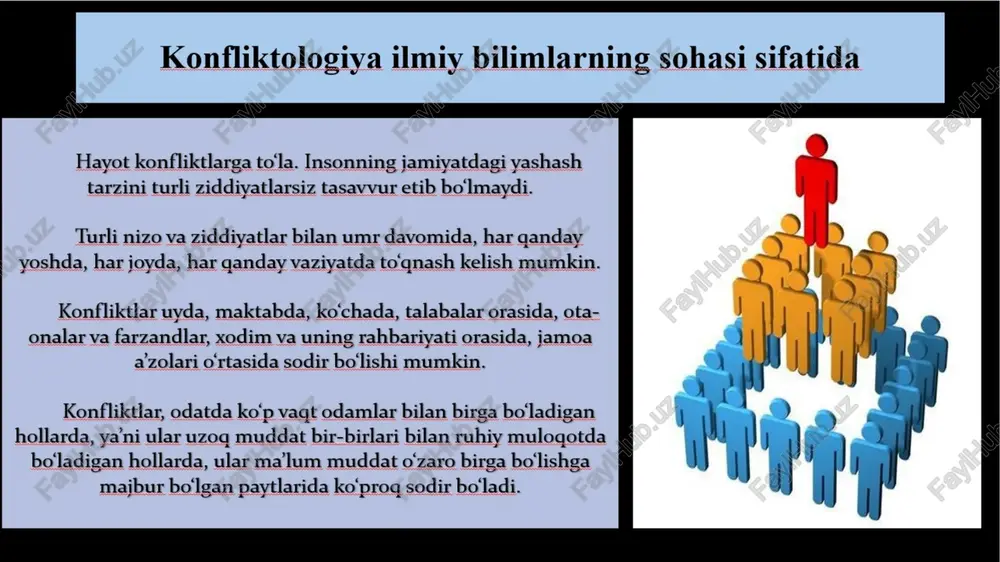 to'qnashuvlar. misol: vertikal konfliktni boshliq va bo'ysunuvchi, o'qituvchi va talaba, kichik korxona va yuqori tashkilot va boshqalar o'rtasidagi ziddiyat deb atash mumkin. konfliktning yechimini topish – konflikt vaziyatni yo’qotish hamda u yuzaga keltirgan munosabatlarni to’g’ri yo’lga soluvchi bilimlar va ko’nikmalar majimuyidan iboratdir. e’tiboringiz uchun rahmat image2.jpeg image3.jpeg image4.jpeg image5.png image6.png image7.png image8.jpeg image9.png image10.png image11.png image12.png image13.jpeg image14.jpeg image15.jpeg image16.png image17.png image18.png image19.jpeg image20.jpeg image21.jpeg image22.png image23.png image24.png image25.png image26.png image27.png image28.png image29.png image30.jpeg /docprops/thumbnail.jpeg