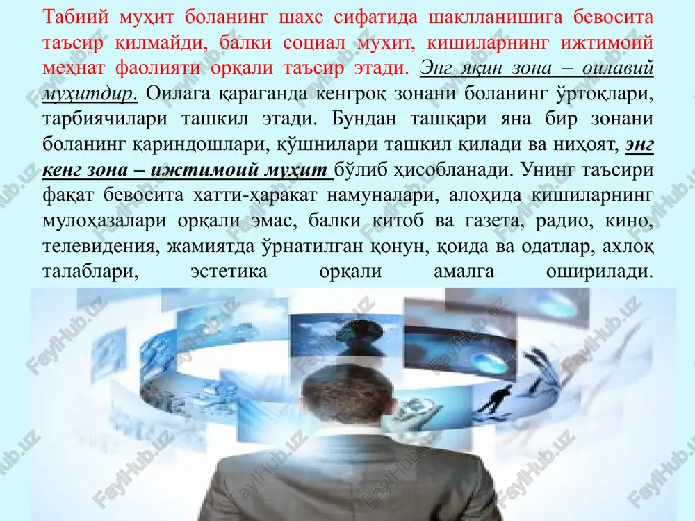nformlik, passiv mehnat vazifalaridan qochish. 5 – davr. (11–20 yoshgacha). o'smirlik va o'spirinlik, hissiy etuklik. betakror, o'ziga xos yosh davri. salbiy tomoni qat'iyatsizlik. 6 –davr. (20–45 yoshgacha). ilk (erta) etuklik. boshqa jinsga psixologik intim yaqinlashuv qobiliyati va ehtiyoji vujudga keladi. bundan tashqari yolg'izlikka moyillik va odamovilik kabi yoqimsiz xususiyatlar bilan farqlanadi. 7 – davr. o'rta etuklik davri (40–60 yoshgacha). hayotiy faoliyatning barcha sohalarida (mehnat, ijodiyot, g'amxo'rlik, pusht qoldirish, tajriba uzatish) mahsuldorlik tuyg'usi hamrox bo'ladi va ezgu niyatlarning amalga oshishida turtki bo'ladi. anomal rivojlanish: xudbinlik, o'z-o'ziga e'tiborini qaratish, ishida besaramjonlik, erta invalidlik, o'zi haqida qayg'urishni yo'qolishi. 8 – davr. kechki etuklik (60 va undan yuqori). hayotdan qanoatlanish tuyg'usi bilan xarakterlanadi. o'tgan umri haqida o'ylash, o'limga tik qarash va undan qo'rqmaslik. salbiy tomoni – hayot faoliyatidan noumidlik, ko'ngil sovish tuyg'ulari. umrni bekorga o'tkazganidan qayg'urish, vaqtni tez o'tayotganidan, o'zidan, boshqalardan qoniqmaslik, umrini boshqatdan yashashga xohish, hayotdagi betartiblikdan ranjish, o'limdan qo'rqish har bir davr …