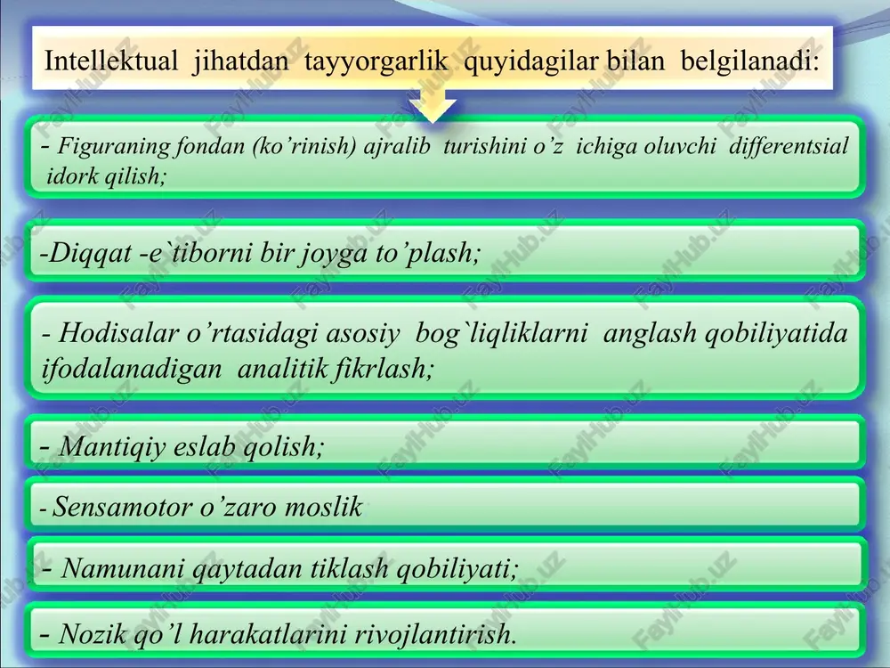 qotlarida bolaning maktabga tayyorgarliklarida uning shaxsiy xususiyatlarini tayyorligi asosiy o’rin egallaydi. shaxsiy xususiyatlaridagi tayyorgarlik maktabga nisbatan qiziqishlaridan oldin vujudga keladi. bu qiziqishlarni vujudga keltiradigan narsa o’yin hisoblanadi. k.d.ushinskiyning fikricha, bolani ertaroq o’qishini yoxud kechroq o’qishi ham bolaga salbiy ta`sir ko’rsatadi. “bolaning o’z vaqtida o’qishga jarb qilinmagan ruhiy kuchlari ko’pincha shundayko’ngilsiz oqibatlarga olib kelishi mumkinki, so’ng bu ko’ngilsizliklar bilan kurashishiga to’g`ri keladi, lekin bu kurash hamma vaqt ham samarali natijani beravermaydi”. krutetskiyning fikricha bolaning maktab ta`limiga tayyorgarligida uning ob`ektiv va sub`ektiv jihatlarini nazarda tutadi. ob`ektiv tomoniga bolaning xotirasi, diqqatini to’play olishi va boshqalar. sub`ektiv tomoniga esa kattalar bilan o’qituvchisi bilan muomala qilishni nazarda tutiladi. maktabga psixologik tayyorgarlik tashxisi –bolaning istalmagan psixik rivojlanishini oldini olish maqsadida olib borilishi kerak. maktabga tayyorlikni aniqlashga qaratilgan tashxisini quyidagi maqsadlari bo’lishi mumkin: -bolalar psixik rivojlanishi xususiyatlarini o’quv tarbiyaviy jarayonda ularga individual yondashishni aniqlash maqsadida; -maktab ta`limiga tayyor bo’lmagan bolalarni maktabda o’zlashtirmaslik va moslasha olmaslikni oldini olishga …