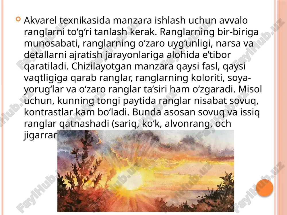 nglar orqali tasavvurini boyitadi, bo‘yoqlarni to‘g‘ri aralashtirishni o‘rganadi. foydalanilgan adabiyotlar: 1. x.e. sultanov, d.a.berdiyev/akvarelda manzara ishlash metodikasi” /metodik tavsiyanoma. 2023. chirchiq. 2. berdiyev doston abduvoitovich 2023. umumta’lim maktablarida tasviriy san’atni o‘qitish muammolari (tasviriy san’atni o‘qitish metodikasi tarixi). scientific impulse. 1, 9 (may 2023), 520–527. 3. berdiyev doston abduvoitovich. (2024). pedagogika oliy ta’lim muassasalarida badiiy studiyalarni tashkil etishning ahamiyati. iqro indexing, 10(1), 177-181. 4. fayzullayeva dilnavoz jahongir qizi / 2024 / “zamonaviy ta’limni tashkil etish davr talabi” / “ta’limda zamonaviy texnologiyalar: muammolar, yechimlar va istiqbollar”mavzusidagi xalqaro ilmiy-amaliy konferensiya 5. doston abduvoitovich berdiyev maktablarda tasviriy san’at fanini o`qitishda kelajak ta’limi steam interaktiv ta’limini rivojlantirish // "science and education" scientific journal/ issn 2181-0842 february 2022/ volume 3 issue 2 pages: 687-690 6. berdiyev doston abduvoitovich. (2023). tasviriy san’atning fanlararo aloqalar tizimidagi o’rni. pedagogs jurnali, 31(1), 142–148. image2.png image3.png image4.png image5.png image6.png image7.png image8.png image9.png image10.png /docprops/thumbnail.jpeg