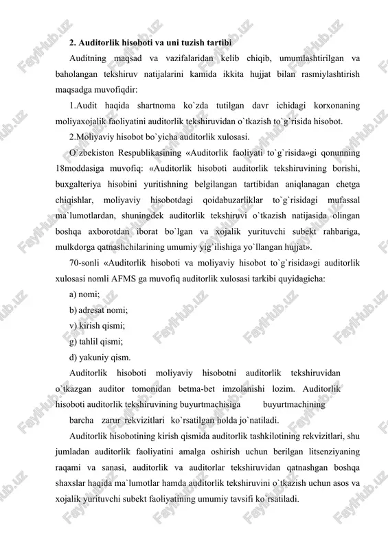 · soliqlar va boshqa majburiy to`lovlarni hisoblash hamda to`lashning to`g`riliginitekshirish natijalari; · aktivlar (mablag`lar) saqlanishini tekshirish natijalari. korxonadagi ichki nazoratning ahvolini tekshirish natijalari to`g`risidagi axborotlar quyidagilarni o`z ichiga oladi: · ichki nazorat tizimi xojalik yurituvchi subyekt faoliyati tavsifi va miqyoslarigamos kelishini umumiy baholash; · auditorlik tekshiruvi mobaynida aniqlangan, ichki nazorat tizimining xojalikyurituvchi subyekt faoliyati tavsifi va miqyoslariga katta mos kelmaslik holatlarini bayon qilish. xojalik yurituvchi subyekt buxgalteriya hisobi va moliyaviy hisobotining ahvolini tekshirish natijalari to`g`risidagi axborotlar quyidagilarni o`z ichiga olishi lozim: · buxgalteriya hisobining yuritilishi va moliyaviy hisobotni tuzishning belgilangantartibiga rioya qilinishini baholash; · buxgalteriya hisobini yuritish va moliyaviy hisobotni tayyorlash tartibiniauditorlik tekshiruvidan o`tkazish jarayonida aniqlangan katta qoidabuzarlik holatlarini bayon qilish. xojalik yurituvchi subyekt tomonidan moliya-xojalik faoliyatini amalga oshirish mobaynida qonunchilikka rioya qilinishini tekshirish natijalari to`g`risidagi axborotlar quyidagilarni o`z ichiga olishi lozim: · xojalik yurituvchi subyekt tomonidan sodir etilgan moliya-xojalik muomalalarining qonunchilikka mos kelishini baholash; · xojalik yurituvchi subyekt tomonidan …