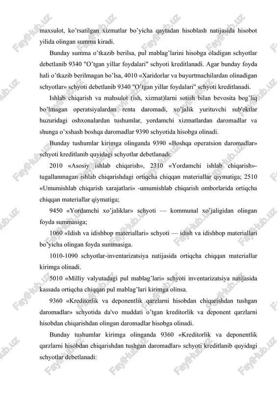 digan qarzlar summasi hisobdan chiqarilsa; 5010 «milliy valyutadagi pul mablag’lari» yoki 5110 «hisob-kitob schyoti», 5210 «mamlakat ichidagi valyuta schyotlari» schyotlari-zararga o’tkazilgan to’lashga qobiliyatsiz debitor qarzlar undirib olinsa. shu bilan birga balansdan tashqari 007-«to’lashga qobiliyatsiz debitorlarning zararga o’tkazilgan qarzi» schyotidan chiqariladi. 9350 "qisqa muddatli ijaradan olingan daromadlar" schyotida operativ ijaraga berilgan mulkdan olingan daromad hisobga olinadi. 9380 «beg’araz moliyaviy yordam» schyotida pul mablag’lari va pul ekvivalentlari tarzida qaytarib bermaslik sharti bilan olingan daromadlar hisobga olinadi. bunday pul mablag’lari kirimga olinganda 5110 «hisobkitob schyoti» va 5210 «mamlakat ichidagi valyuta schyotlari» debetlanib 9380 «beg’araz moliyaviy yordam» schyoti kreditlanadi. bu xil daromadlar hisobot davri oxiridagi quyidagi provodkalar bilan yakuniy moliyaviy natijaga o’tkaziladi: dt 9310 "asosiy vositalarning sotilishi va turli chiqimidan olingan foyda" dt 9320 "boshka aktivlarni sotish va turli chiqimidan olingan foyda" dt 9330 "penya, jarimalar va boshqa to’lovlarii undirish" dt 9340 "o’tgan yillar foydalari" dt 9350 "qisqa muddatli ijaradan olingan daromadlar" dt 9360 …