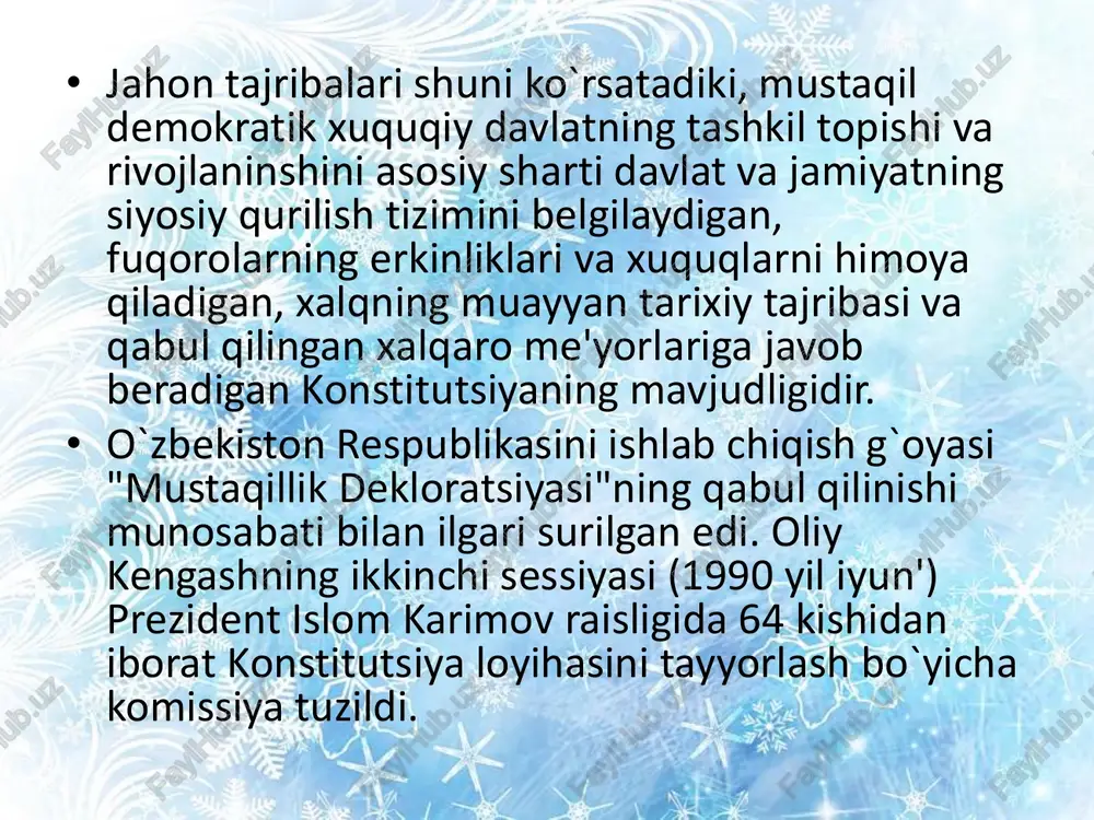 boshlanish soati, qaysi xonada o`tkazilishi kimlarning taklif etilishi, kim tomondan olib borilishi, tegishli joylarga yuborilishi kelishib olinadi. konferensiyani o`tkazilish kuni haqida yozilgan bitik (e'lon) bolalarni ko`ziga ko`rinarli joylarga yopishtirib qo`yiladi. taklifnoma va bukletlar tarqatiladi. • konferensiya uchun: "o`zbekiston mustaqilligi" yoki "hayotimiz qomusi" mavzularidan biri olinishi mumkin. anjumanga mutaxassislar, mehnat fahriylari, o`qituvchilar taklif qilinadi. bundan tashqari konferensiyani xozirgi davlatning iqtisodiy siyosati yoki davlat tiliga bo`lgan talablar bilan bog`lab olib borish mumkin. konferensiyani olib boruvchi shaxs bilim doirasi keng, xushfe'l, shirinsuxan, jamoat ishlarida faol qatnashgan, konferensiya olib borish qoidalari va tartibini yaxshi biladigan bo`lishi kerak. savollar 1."konstitutsiya" so`zi qanday ma'noni bildiradi? ❖ konstitutsiya-nizom, yo`l- yo`riq degan ma'noni bildiradi 2. o`zbekiston konstitutsiyasi qachon qabul qilingan? ❖ xii chaqiriq xi sessiyasi 1992 yil 8 dekabr 3. siyosiy huquqlarimiz konstitusiyamizning qaysi moddalarida berilgan? ❖ 32-33-35 moddalarida berilgan 4. ijtimoiy va iqtisodiy huquqlarimiz qaysi moddalarda berilgan? ❖ 36-42 moddalar 5. shaxsiy huquq va erkinlar qaysi moddalarda …