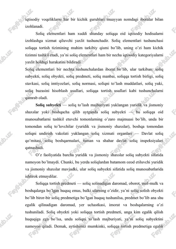 h obyekti bo’lib biror-bir soliq predmetiga bo’lgan huquq tushunilsa, predmet bo’lib ana shu egalik qilinadigan daromad, yer uchastkasi, imorat va boshqalarning o’zi tushuniladi. soliq obyekti yoki soliqqa tortish predmeti, unga kim egalik qilish huquqiga ega bo’lsa, unda soliqni to’lash majburiyati, ya’ni soliq subyektini namoyon qiladi. demak, aytishimiz mumkinki, soliqqa tortish predmetiga egalik qilish huquqi soliq obyektini vujudga keltirsa, o’z navbatida ushbu predmetga kimning egalik qilishi soliq subyektini yoki soliq to’lovchisini namoyon etadi. soliq stavkalari respublika va mahalliy budjetlar xarajatlarini mablag‘ bilan ta’minlashda muvozanat darajasini hamda xo’jalik subyektlarining moliyaviy imkoniyatlarini belgilaydi. demak, ular moliya-budjet munosabatlarini sog‘lomlashtirish bilan chambarchas bog‘liqdir. soliq stavkalari korxonalarning iqtisodiy mustaqilligini ta’minlaganlari holda, moliya-budjet munosabatlarining pul muomalasiga ko’rsatadigan salbiy ta’siriga barham bera olishi ham kerak. bu esa, respublikamizda amalga oshirilayotgan soliq islohotining muhim jihatini tashkil etadi. soliq elementlari tarkibida soliq stavkalari alohida o’rin tutadi. iqtisodiy adabiyotlarda soliq stavkasi deganda soliq obyektining har bir soliq birligi uchun davlat tomonidan …