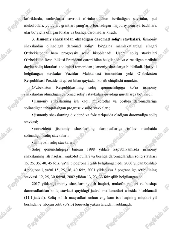 mlasiga esa davlat ijtimoiy sug‘urtasi bo‘yicha nafaqalar, ishsizlik nafaqalari, ijtimoiy nafaqalar va pensiyalar; stipendiyalar; donorlik uchun pul mukofotlari; alimentlar; musobaqalarda, ko‘riklarda, tanlovlarda sovrinli o‘rinlar uchun beriladigan sovrinlar, pul mukofotlari; yutuqlar; grantlar; jamg‘arib boriladigan majburiy pensiya badallari, ular bo‘yicha olingan foizlar va boshqa daromadlar kiradi. 3. jismoniy shaxslardan olinadigan daromad solig‘i stavkalari. jismoniy shaxslardan olinadigan daromad solig‘i ko‘pgina mamlakatlardagi singari o‘zbekistonda ham progressiv soliq hisoblanadi. ushbu soliq stavkalari o‘zbekiston respublikasi prezidenti qarori bilan belgilanadi va o‘rnatilgan tartibda davlat soliq idoralari xodimlari tomonidan jismoniy shaxslarga bildiriladi. har yili belgilangan stavkalar vazirlar mahkamasi tomonidan yoki o‘zbekiston respublikasi prezidenti qarori bilan qaytadan ko‘rib chiqilishi mumkin. o‘zbekiston respublikasining soliq qonunchiligiga ko‘ra jismoniy shaxslardan olinadigan daromad solig‘i stavkalari quyidagi guruhlarga bo‘linadi: 1. jismoniy shaxslarning ish xaqi, mukofotlar va boshqa daromadlariga solinadigan tabaqalashgan progressiv soliq stavkalari; 1. jismoniy shaxslarning dividend va foiz tariqasida oladigan daromadiga soliq stavkasi; 1. norezident jismoniy shaxslarning daromadlariga to‘lov manbaida solinadigan soliq stavkalari; …