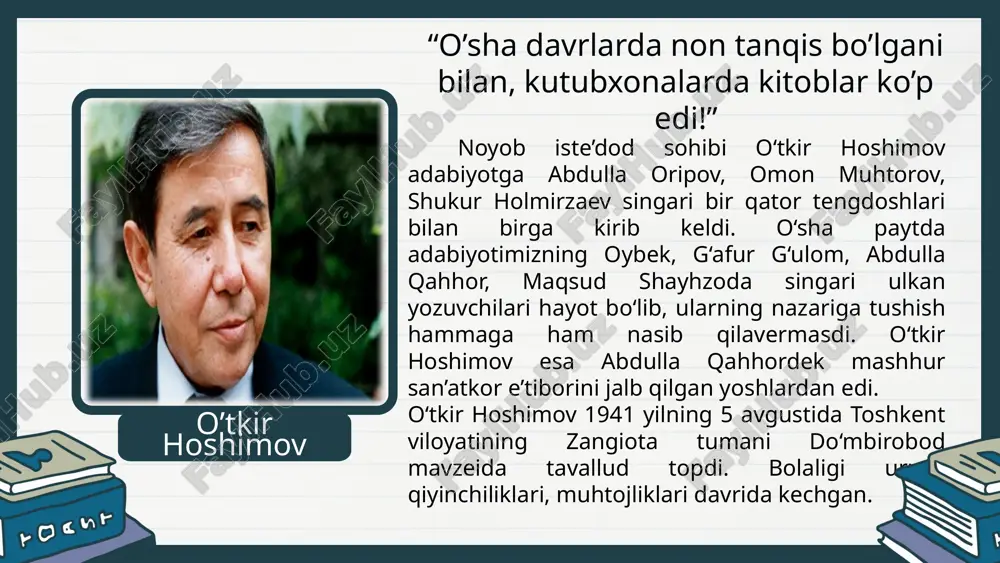 ukammal chizishga muvaffaq bo‘lgan. u xalq o‘rtasida katta obro‘ga ega, eng og’ir damlarda ham odamlarni qiyin ishlarga otlantiroladi. u ko‘pgina o‘zbek qariyalari kabi tashabbuskor va donishmand. ayni choqda haqiqatni yuzga aytishdan cho‘chimaydigan shartaki, jasoratli odam. u odamlarni baholashda o‘z me’yoriga ega — odamning belida belbog’i bo‘lishi kerak. belbog’ uning uchun mardlik, tantilik, odamiylik belgisi. e’tiboringiz uchun rahmat!!! image9.svg image10.png image11.svg image12.png image1.jpeg image2.png image3.svg image4.png image5.svg image6.png image7.svg image8.png image13.png image14.svg image15.png image16.svg image17.png image18.svg image19.png image20.svg image21.jpeg image29.svg image30.jpeg image31.png image32.jpeg image33.jpeg image22.png image23.svg image24.png image25.svg image26.png image27.svg image28.png image34.jpeg image42.svg image43.png image44.svg image45.png image46.svg image47.png image48.svg image35.png image36.svg image37.png image38.svg image39.png image40.svg image41.png image49.jpeg image50.png image51.svg /docprops/thumbnail.jpeg