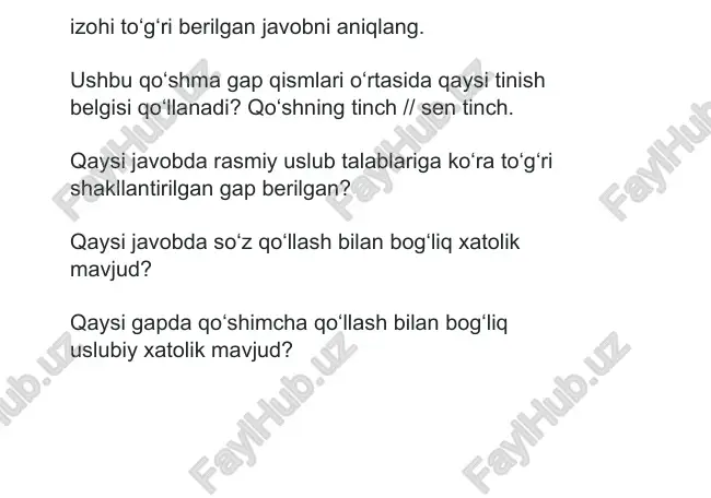 o‘pchilikni kelgusida bo‘ladigan biror tadbir haqida xabardor qilish uchun qo‘llanadigan yozma axborot qanday nomlanadi? “bu masala “atroflicha” o‘rganib chiqilishi lozim”. ushbu gapda ajratib ko‘rsatilgan so‘zga ma’nodosh (sinonim) bo‘la olmaydigan so‘zni belgilang. "ushbu gapda ochmoq fe’li qaysi ma’noda qo‘llangan? sattor akam ko‘cha boshida yangi do‘kon ochdi. " qaysi javobda bosh harflar imlosiga amal qilinmagan? quyida berilgan parcha qaysi hujjat matniga tegishli? “komissiya a’zolari tomonidan quyidagi qo‘llash uchun yaroqsiz dori vositalarining yo‘q qilinganligi haqida tuzildi” qaysi gapda ikki o‘rinda vergul qo‘yiladi? qaysi javobda har bir hujjatda mavjud bo‘ladigan asosiy zaruriy qismlar berilgan? "ushbu gapda nuqtalar o‘rniga qaysi so‘zni qo‘yish uslubiy jihatdan to‘g‘ri hisoblanadi? “xalq qabulxonalari, boshqa virtual qabulxonalarga elektron shakldagi arizalarni … mumkin.” " imloviy jihatdan to‘g‘ri yozilgan so‘zni belgilang. qaysi gapda faqat bir o‘rinda vergul tushirilgan? rasmiy uslubda yozilgan qaysi parchada qo‘shimcha qo‘llash bilan bog‘liq xatolik mavjud emas? internetga oid termin hisoblangan “xeshteg” so‘zining izohi to‘g‘ri berilgan javobni aniqlang. imloviy jihatdan …