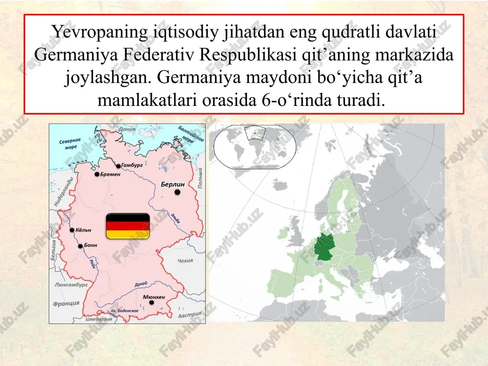 niya iqtisodiy geografik o‘rnining qulayligini izohlang. 2. germaniya aholisining tabiiy va migratsion hara- katiga qanday xususiyatlar xos? 3. mamlakatning qishloq xo‘jaligi qaysi tarmoqlarga ixtisoslashgan? 4. frankfurt-mayn shahrining iqtisodiy geografik salohiyati qanday omillar bilan belgilanadi? © foydalanilgan adabiyotlar: a. abduqayyumov, i. safarov, m. tillaboyeva, v. fedorko – geografiya (jahon iqtisodiy-ijtimoiy geografiyasi), umumiy o‘rta ta’lim maktablarining 9- sinf o‘quvchilari uchun darslik, toshkent – “o‘zbekiston” – 2019 atlas (materik va okeanlar geografiyasi), 6-sinf, o‘zbekiston yer resurslari, geodeziya, kartografiya va davlat kadastri qo‘mitasi, toshkent 2020 © internet manbalari: www.wikipedia.org www.britannica.com www.kids.nationalgeographic.com www.tourism.de www.ec.europe.eu www.yaklass.ru www.obrazovaka.ru www.travelask.ru www.orangesmile.com image1.jpeg image2.png image3.jpeg image4.png image5.png image6.png image7.png image8.png image9.jpeg image10.jpeg image11.png image12.jpeg image13.jpeg image14.jpeg image15.png image16.jpeg image17.jpeg image18.png image19.jpeg image20.jpeg image21.jpeg image22.png image23.jpeg image24.jpeg image25.png image26.jpeg image27.jpeg image28.jpeg image29.png image30.jpeg image31.jpeg image32.jpeg image33.jpeg image34.jpeg image35.jpeg image36.jpeg image37.jpeg image38.png image39.jpeg image40.jpeg image41.jpeg image42.jpeg image43.jpeg image44.png image45.jpeg image46.jpeg image47.jpeg image48.jpeg image49.jpeg image50.jpeg image51.png image52.jpeg image53.jpeg image54.jpeg image55.png image56.jpeg image57.jpeg …
