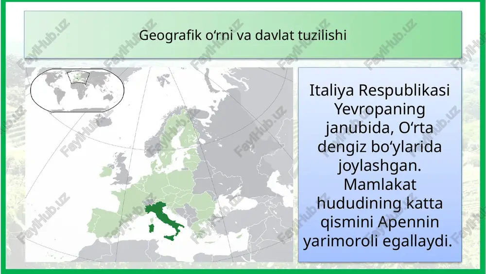 an tuzilgan butunjahon meros obyektlari ro‘yxatiga aynan italiyadagi tabiiy va tarixiy-madaniy yodgorliklar eng ko‘p miqdorda kiritilgan (63-rasm). © foydalanilgan adabiyotlar: v. n. fedorko, n. i. safarova, j. a. ismatov, e. y. nazaraliyeva– geografiya (jahon iqtisodiy-ijtimoiy geografiyasi), umumiy o‘rta ta’lim maktablarining 10- sinf o‘quvchilari uchun darslik, respublika ta’lim markazi, 2022 @edurtm_uz a. abduqayyumov, i. safarov, m. tillaboyeva, v. fedorko – geografiya (jahon iqtisodiy-ijtimoiy geografiyasi), umumiy o‘rta ta’lim maktablarining 9- sinf o‘quvchilari uchun darslik, toshkent – “o‘zbekiston” – 2019 © internet manbalari: www.wikipedia.org www.yaklass.ru www.energy.economictimes.indiatimes.com www.mindat.org www.udobren.ru www.webmandry.com www.discount-house.ru www.lorenaylennox.com www.obrazovaka.ru www.dreamsite.com www.geomap.com.ua www.en.numista.com www.matchplat.com www.cis.it image1.png image2.png image3.png image4.jpeg image5.png image6.png image7.png image8.png image9.jpeg image10.png image11.png image12.png image13.jpeg image14.jpeg image15.jpeg image16.jpeg image17.jpeg image18.jpeg image19.jpeg image20.png image21.png image22.jpeg image23.jpeg image24.jpeg image25.jpeg image26.png image27.jpeg image28.jpeg image29.jpeg image30.jpeg image31.jpeg image32.jpeg image33.jpeg image34.jpeg image35.jpeg image36.jpeg image37.jpeg image38.jpeg image39.jpeg image40.jpeg image41.jpeg image42.jpeg image43.jpeg image44.jpeg image45.jpeg image46.jpeg image47.jpeg image48.jpeg image49.jpeg image50.jpeg image51.jpeg image52.jpeg image53.jpeg image54.jpeg image55.jpeg image56.jpeg …