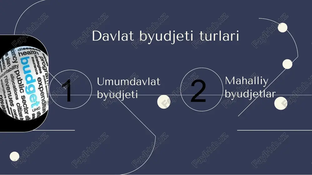 agi subyektlarga hamda xalqaro moliyaviy munosabatlarining ishtirokchilari bo’lgan subyektlarga qarz beradi, byudjetning taqchilligini qoplash manbai sifatida ham davlat qarzi maydonga chiqadi, shu munosabatlarda davlat byudjeti bilan davlat moliyasining alohida bo’g’ini bo’lgan davlat krediti o’rtasida muayyan moliyaviy munosabatlar sodir bo’ladi; 17 dobavit zagolovok slayda - 5 18 moddiy mazmun jihatidan, davlat byudjeti davlatning byudjet rejasini ijro etish jarayonida tashkil topadigan va foydalaniladigan asosiy markazlashtirilgan pul mablaglari jamg’armasidir. mohiyat jihatidan, davlat byudjeti - davlat boshqaruvining muhim vositasi bo‟lib, uning yordamida davlat takror ishlab chikarish jarayonlariga ta’sir ko‟rsatadi, inson irodasiga buysunmaydigan bozor kuchlarining salbiy ta’sirini bartaraf etadi. moddiy mazmun jihatidan, davlat byudjeti - davlatning byudjet rejasini ijro etish jarayonida tashkil topadigan va foydalaniladigan asosiy markazlashtirilgan pul mablaglari jamg‟armasidir. mohiyat jihatidan, davlat byudjeti - davlat boshqaruvining muhim vositasi bo’lib, uning yordamida davlat takror ishlab chikarish jarayonlariga ta‟sir ko’rsatadi, inson irodasiga buysunmaydigan bozor kuchlarining salbiy ta’sirini bartaraf etadi. public budgeting systems nomli qo’llanmada ―davlat byudjeti …