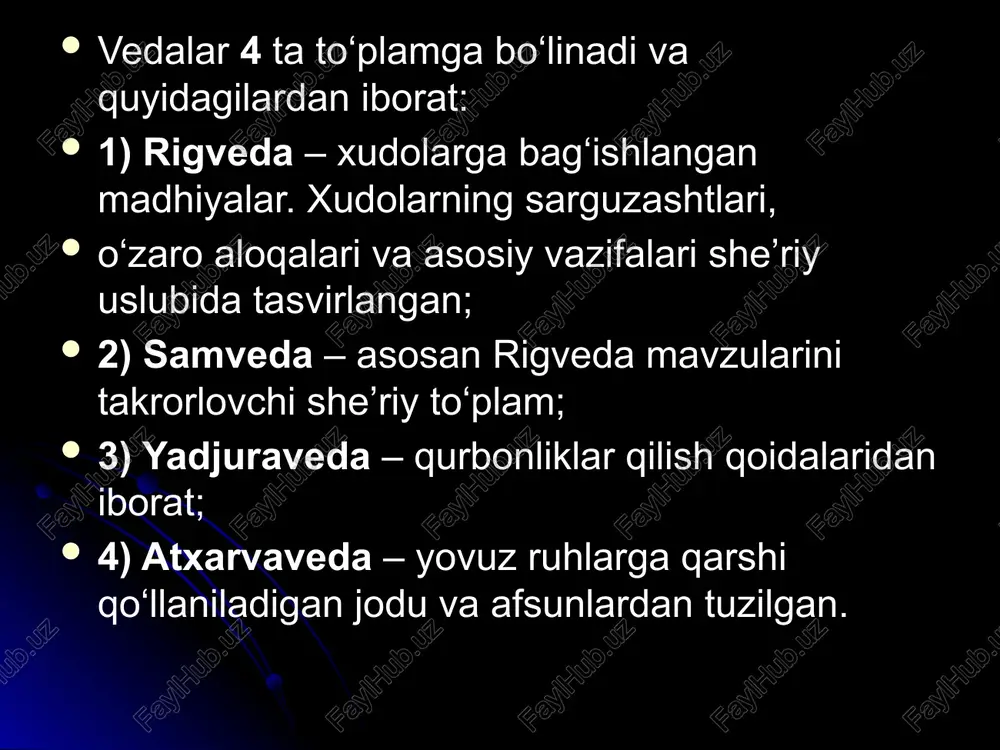 lik uchun keskin kurash bo‘lmagan, degan xulosaga kelish xatodir. bunday kurash nafaqat diniy tizimlar o‘rtasida, balki bitta diniy tizimdagi xudolar darajasida ham to‘xtovsiz davom etgan. masalaning diqqatga sazovor jihati shundaki, ular o‘rtasidagi keskin raqobat jamiyatda to‘qnashuvlarni, diniy urushlarni keltirib chiqarmagan. buddaviylikning davlat dini sifatida tan olinganligi (miloddan avvalgi iii asr) diniy tizimlar o‘rtasidagi raqobatni susaytirmagan. bu kurash, ayniqsa, braxmanizm va buddaviylik dinlari o‘rtasida murosasiz kechgan. lekin braxmanizm avvalgi holatida qayta tiklanishi mumkin emas edi. natijada braxmanizmning negizida yangi diniy ta’limot – hinduiylik vujudga kelgan. uning shakllanish jarayoni milodiy i asrga kelib yakunlangan va hindistonda keng yoyilishi milodiy iv–vi asrlardagi guptalar imperiyasi davriga to‘g‘ri kelgan. buddaviylik bilan hinduiylikning raqobat kurashi uzoq davom etgan. faqat x asrga kelib, buddaviylik hindistondan uzil-kesil siqib chiqarilgan. yangi dinni «hinduiylik» deb atash viii asrda islom dinining hindistonda yoyilishi bilan bog‘liqdir. islom dinini qabul qilmagan aholini mahalliy musulmonlar «hindilar» deb ataganlar va keyinchalik ilmiy adabiyotda yangi din …