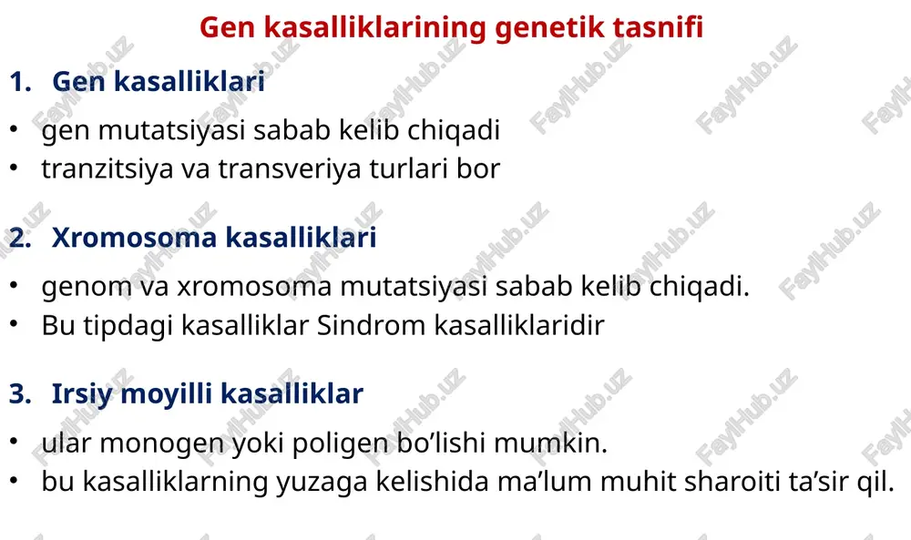 asining proksimal naychasi tug’ma kaltaligi hisobiga fosfat, glukoza, aminokislotalar transporti buziladi. ularning siydik bilan ekstretsiyasi ortadi. skeletida raxitsimon o’zgarishlar yuzaga keladi. marfan sindromi marfan sindromi biriktiruvchi to’qimalarning tizimli shikastlanishi bilan kechuvchi genetik kasallik hisoblanadi. kasallik etiologiyasi 21.1 – lokusdagi o’n beshinchi xromosoning kalta yelkasida joylashgan fbn (fibrin 1) gening mutatsiyasidir. kasallik autsoma dominant tipda irsiylanadi. bu kasallikda bemorning vaznini yarimidan ko’pini biriktiruvchi to’qima tashkil qiladi. vazn yetishmasligi cho’zilgan bosh suyagi uzun yuz, arxondaktiliya mushak tizimining zaifligi , noqulay harakatlar. image1.png image2.jpeg image3.jpeg image4.jpeg image5.png image6.png image7.png image8.jpeg image9.png image10.png image11.png image12.png image13.jpeg image14.jpeg image15.png