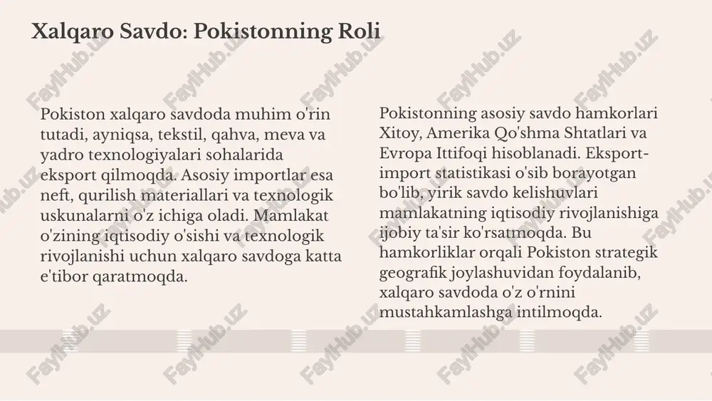 taxassislarining roli ortmoqda. yangi imkoniyatlar, masalan, onlayn va masofaviy ishlar, qiyinchiliklar, masalan, siyosiy cheklovlar va mehnat huquqlari muammolari bilan bog'liq. pakistan global mehnat bozorida yosh mutaxassislar va texnologiya sohasidagi ishchilar bilan muhim o'rin tutmoqda. xulosa pokiston iqtisodiyoti rivojlanish yo'nalishlari va ichki tashqi omillar tahlili bilan, kelajakda imkoniyatlar va muammolarni aniqladik. texnologik innovatsiyalar, mintaqaviy va global integratsiya asosida rivojlanish imkoniyatlarini ko'rib chiqamiz, siyosiy hamkorlik va barqarorlik muhim ahamiyatga ega. muammolarga yechimlar, strategik rejalashtirish va muhim yo'nalishlar bilan, optimistik kelajak uchun aniq tavsiyalar ishlab chiqamiz. photo by paul hanaoka on unsplash 1 2 3 foydalanilgan adabiyotlar 1. x. qureshi. pokiston iqtisodiyoti va xalqaro savdo munosabatlari. o‘zbekiston milliy universiteti matbuot nashrleri, 2019. 2. a. malik. pokistonning iqtisodiy integratsiya jarayonlari. tarixiy va iqtisodiy izlanishlar jurnali, 2021. 3. s. ahmed. pokistonning ishchi kuchi migratsiyasi va uning iqtisodiy ta'siri. jahon iqtisodiyoti va siyosati jurnali, 2020. 4. m. rahman. mintaqaviy iqtisodiy hamkorlik va pokiston. osiyo va markaziy …