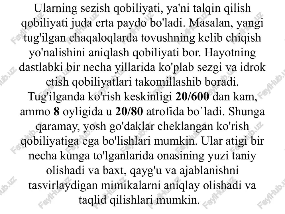 ikrlashning rivojlanish darajasini o'rganish shuni ko'rsatdiki, obrazli fikrlash darajasi yuqori bo'lgan bolalar keyinchalik maktabda muvaffaqiyatli o'qiydilar. axborotni qayta ishlash nazariyasi– axborotlarni tahlil qilishning aniq usullariga e'tibor beradigan nazariy istiqbollar bo`lib, odamlarning aqliy ravishda ma'lumot olishi, talqin qilishi va eslashi hamda rivojlanish jarayonida bunday ma`lumotlarning qanday o'zgarishi tushuniladi. axborotni qayta ishlash bo'yicha ko'plab nazariyotchilarning ta'kidlashlaricha, bu ma'lumot sensorli registrdan ishchi xotiraga o'tishning asosiy jarayoni. shunday qilib, diqqat ma'lumotni talqin qilishda, saqlashda va keyinchalik eslab qolishda muhim rol o'ynaydi. masalan, dars jarayonida o`quvchi vazifaga e'tibor qaratmaganida quyidagicha holat yuzaga keldi. o'n yoshli komil suhbatdosh unga o'qigan 12 so'zdan atigi 3 tasini eslaydi. u ko'proq e'tiborni jalb qilmasligi, boshqa so'zlarni eslamasligining sababi ekanligini tushunadi. ishlaydigan xotira ishlaydigan xotira hajmini o'lchashning keng tarqalgan usullaridan biri bu odamlardan o'zaro bog'liq bo'lmagan narsalar ketma-ketligini, ehtimol, bir qator raqamlar yoki o'zaro bog'liq bo'lmagan narsalar yoki so'zlarni eslab qolishlarini so'rashdir. kichkintoylar go'daklarga qaraganda ko'proq narsani eslay oladilar, katta …
