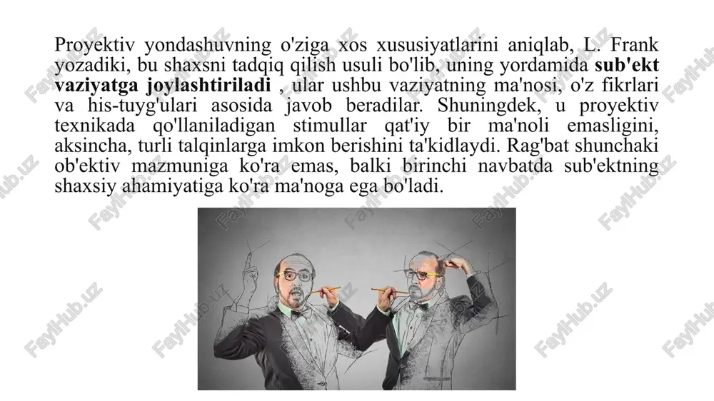 , afzal qilingan stimullarni tanlaydi. misol uchun, luscher testi 8 ta rangli kvadratdan iborat (to'liq bo'lmagan to'plam). barcha kvadratlar taqdim etiladi va mavzudan eng yoqimlisini tanlash so'raladi. jarayon takrorlanadi, natijada ranglar jozibadorligi bilan tartibga solingan ketma-ketlik paydo bo'ladi. psixologik talqin rangning ramziy ma'nosiga asoslanadi. deyarli har qanday jonli yoki jonsiz ob'ekt stimul sifatida xizmat qilishi mumkin. xulosa ushbu proyektiv usullar mavzudan jumla bilan boshlangan jumla, hikoya yoki latifani to'ldirishni talab qiladi. masalan, tugallanmagan jumlalar turkumi taklif qilinadi, masalan: "kelajak menga tuyuladi ...", "menimcha, haqiqiy do'st ..." va hokazo. ushbu metodlar turli xil shaxsiyat o'zgaruvchilarini baholash uchun mo'ljallangan, muayyan harakatlar motivlaridan tortib, yoshlar orasida jinsiy tarbiyaga bo'lgan munosabatgacha. adabiyotlar roʻyxati: anastasi a. psixologik test: trans. ingliz tilidan / a. anastasi, s. urbina . - sankt-peterburg: piter, 2001. - 688 p . bellak l. proyektiv psixologiya / l. bellak, l.e. abt , g.v. allport . – m.: knijniy mir, 2000. – 528 …