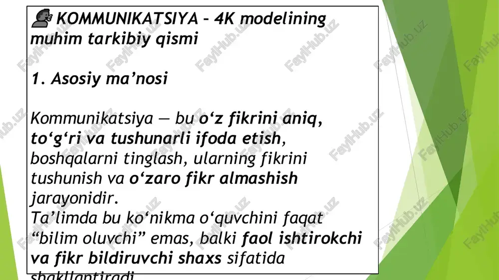 ch, o‘quvchilar undagi qahramonlar rolida sahnaga chiqib, qisqa dialog tuzadilar. kommunikatsiya rivojlanadi: nutq madaniyati, ifodali so‘zlash, jamoa slide 8: 💡 2. kreativlik nima? kreativlik — bu shunchaki chizish, kuylash yoki yozish qobiliyati emas, balki yangicha fikrlash, mavjud narsaga boshqacha yondashish va muammoga noodatiy yechim topish qobiliyatidir. ya’ni: kreativ o‘quvchi — “boshqalar o slide 9: 🟢 1-misol: hikoya davom ettirish topshirig‘i matn: “bir kuni qushcha daraxtdan yiqilib tushdi…” topshiriq: o‘quvchi ushbu hikoyani o‘z fikricha davom ettiradi — qushchaga kim yordam berdi, nima bo‘ldi, hikoya qanday tugadi? ➡️ kreativlik jihati slide 10: 🟢 2-misol: she’rga o‘xshash so‘zlar topish matn: “ona tabiat…” she’rini o‘qigandan so‘ng, o‘qituvchi bolalarga topshiriq beradi: “tabiat haqida o‘zing yozgan kichik 4 misrali she’r tuz.” ➡️ kreativlik jihati: o‘quvchilar so‘zlar bilan o‘ynaydi slide 11: 🟢 3-misol: rasmdan hikoya tuzish topshiriq: rasmda o‘rmondagi hayvonlar tasvirlangan. o‘quvchi rasmga qarab “bu voqea qanday bo‘layotganini” so‘zlab beradi. ➡️ kreativlik jihati: o‘quvchilar tasvir asosida yangi …