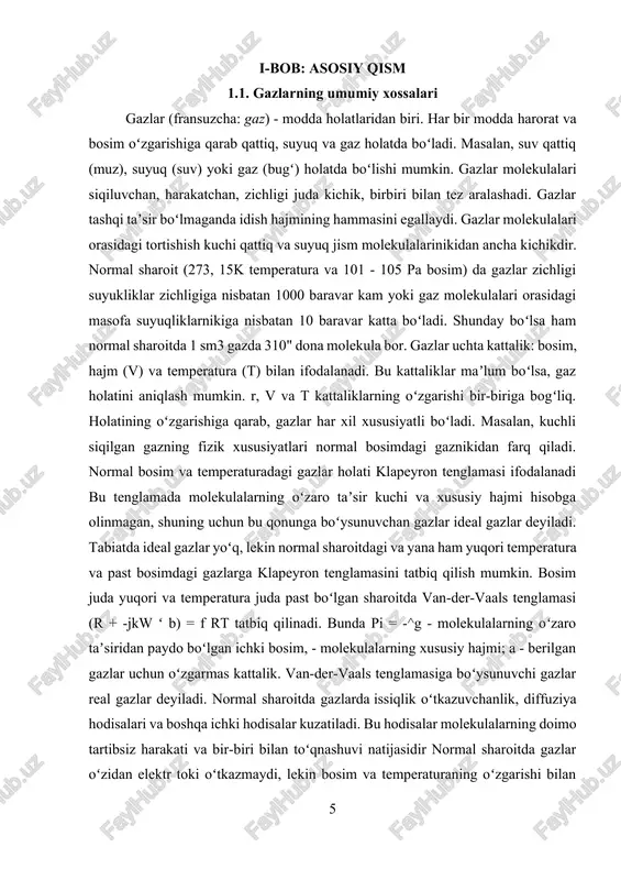 yuqori temperatura va past bosimdagi gazlarga klapeyron tenglamasini tatbiq qilish mumkin. bosim juda yuqori va temperatura juda past boʻlgan sharoitda van-der-vaals tenglamasi (r + -jkw ʻ b) = f rt tatbiq qilinadi. bunda pi = -^g - molekulalarning oʻzaro taʼsiridan paydo boʻlgan ichki bosim, - molekulalarning xususiy hajmi; a - berilgan gazlar uchun oʻzgarmas kattalik. van-der-vaals tenglamasiga boʻysunuvchi gazlar real gazlar deyiladi. normal sharoitda gazlarda issiqlik oʻtkazuvchanlik, diffuziya hodisalari va boshqa ichki hodisalar kuzatiladi. bu hodisalar molekulalarning doimo tartibsiz harakati va bir-biri bilan toʻqnashuvi natijasidir normal sharoitda gazlar oʻzidan elektr toki oʻtkazmaydi, lekin bosim va temperaturaning oʻzgarishi bilan gazlarning bu xususiyati oʻzgaradi. har qaysi real gaz oʻziga xos kritik temperatura (tk) gacha sovitilganda suyuqlikka aylanadi. mas, suv uchun tk=374,2°k, shunda suv bugʻ holatida, kislorod uchun tk=91,14°k, shunda u gaz holatida boʻladi va hokazo. gazlarning barcha turlari moddiy dunyoning ham energetik boshqaruvchisidir, chunki kislorod-azot gazlar aralashmasi yoqilgʻilarni (ichki energiyasi moʻl moddalar …