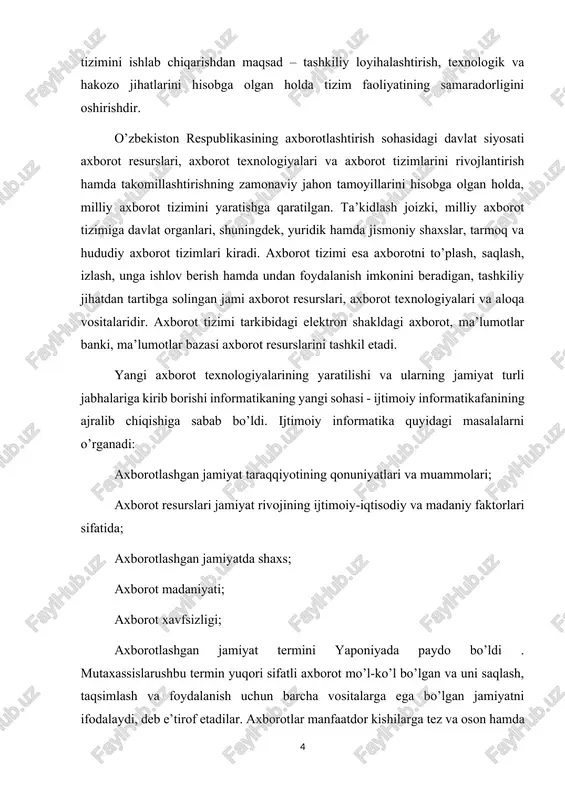 hayoti va faoliyatida kompyuter, telematika va boshqa vositalar aqliy mehnat qurollari sifatida ishlatiluvchi , kutubxonalardan foydalanish, katta tezlik va aniqlikda axborotlarni qayta ishlash, real va prognozlashtirilgan hodisalarni modellashtirish, , ishlab chiqarishni boshqarish, ta’limni avtomatlashtirish va boshqa vazifalarni bajarish imkoniyatiga ega bo’lgan jamiyatga_aytiladi. bunday jamiyatda: xohlagan kishi , gurux yoki ixtiyoriy korxona-tashkilot o’z faoliyati uchun zarur bo’ladigan axborot resurslaridan foydalana jlishi; yuqorida ta’kidlab o’tilgan xx asr o’rtalaridagi ushbu holatni “informatsion portlash” deb ham atashadi. mutaxassislar fikriga ko’ra, 1900 – yilgasha bilimlarning to’planishi va rivojlanishi juda sekinlik bilan brogan bo’lsa, 1900 yildan keyin har 50 yilda 2 baravarga, 1950 yildan keyin har 10 yilda 2 baravarga, 1970 yildan boshlab, har 5 yilda , xx asr oxiridan boshlab har yili 2 baravarga ortib bormoqda. axborot inqirozi bir qancha salbiy holatlarni keltirib chiqardi. ular orasida insonning chegaralangan qabul qilish va qayta ishlash imkoniyatlari bilan doimiy ko’payib boruvchi axborot oqimlari o’rtasidagi qarama- qarshilik; foydali axborotlarni …