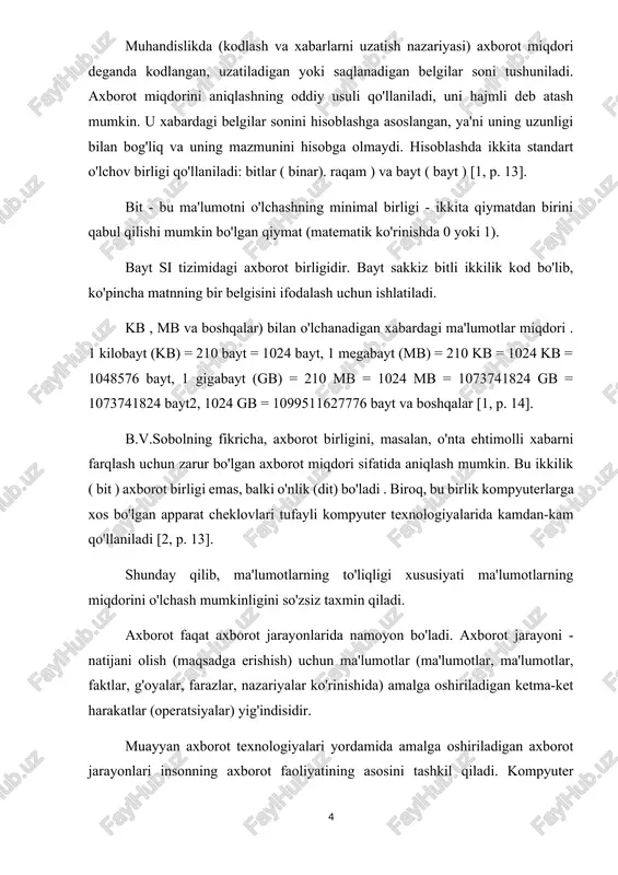 ytirishni avtomatlashtirish uchun mo'ljallangan universal elektron qurilma [4, s. 37]. shunday qilib, har qanday boshqa, murakkabroq jarayonning tarkibiy qismlari bo'lgan to'rtta asosiy turdagi axborot jarayonlari mavjud: axborotni yaratish, qayta ishlash, saqlash va uzatish (3-rasm). axborot yaratish texnologiyasi ma'lumotlar, ma'lumotlar va bilimlarni ma'lum elektron shaklda tartibga solish va shakllantirishdan iborat, masalan, matnli ma'lumotlarni matn muharririga kiritish orqali, shu jumladan ma'lumotlar bazalaridagi matn va boshqa ma'lumotlarni yaratish va hokazo. sensorlar tomonidan bajariladigan operatsiyalarga bo'linadi . axborot va ma’lumotlarni kompyuterlarga kiritish klaviaturalar, sensorlar va turli periferik qurilmalar (skanerlar, raqamlashtiruvchilar, audio va video qurilmalar) yordamida amalga oshiriladi. klaviatura yordamida kompyuterga axborot kiritish ko‘p mehnat talab qiladigan jarayondir. matn va grafik ma'lumotlar va ma'lumotlar skanerlash qurilmalari yordamida kompyuterlarga tezda kiritilishi mumkin. ushbu qurilmalar axborotni optik tarzda ushlaydi va uni raqamli shaklga aylantiradi. olingan hujjatlarning grafik tasvirlari grafik formatlardan birida saqlanishi va keyinchalik qayta ishlanishi mumkin. matn ma'lumotlarini grafik tasvirdan mashinada o'qiladigan matnga aylantirish ham mumkin. …