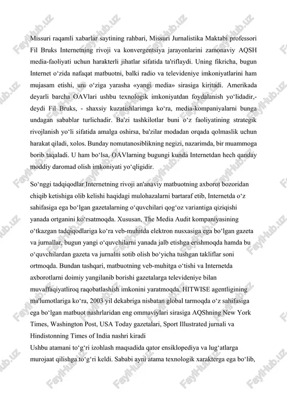 soni ortmoqda. bundan tashqari, matbuotning veb-muhitga o‘tishi va internetda axborotlarni doimiy yangilanib borishi gazetalarga televideniye bilan muvaffaqiyatliroq raqobatlashish imkonini yaratmoqda. hitwise agentligining ma'lumotlariga ko‘ra, 2003 yil dekabriga nisbatan global tarmoqda o‘z sahifasiga ega bo‘lgan matbuot nashrlaridan eng ommaviylari sirasiga aqshning new york times, washington post, usa today gazetalari, sport illustrated jurnali va hindistonning times of india nashri kiradi ushbu atamani to‘g‘ri izohlash maqsadida qator ensiklopediya va lug‘atlarga murojaat qilishga to‘g‘ri keldi. sababi ayni atama texnologik xarakterga ega bo‘lib, neologizmlar sirasiga kiradi. konvergentsiya lotincha «convergo» so‘zidan olingan bo‘lib, «yaqinlashayapman», «qo‘shilayapman» ma'nolarini anglatar ekan. termin allaqachon biologiya, etnografiya, tilshunoslikdagi o‘zaro mutanosib birlashish jarayonlariga nisbatan qo‘llanilib kelishiga qaramay, texnikaga nisbatan yaqinda ishlatila boshladi. bu jihatdan uning ma'nosi turli xil elektron texnologiyalarning tez rivojlanishi va o‘zaro ishlashi natijasida yagona tizimga birlashish, qo‘shilish jarayonini anglatadi internetning vatani bo‘lmish aqsh bugun siyosiy, iqtisodiy va ijtimoiy ko‘rsatkichlarga ko‘ra texnologik jarayonlar rivojining markazida turadi. amerika jurnalistikasining takomili ham …