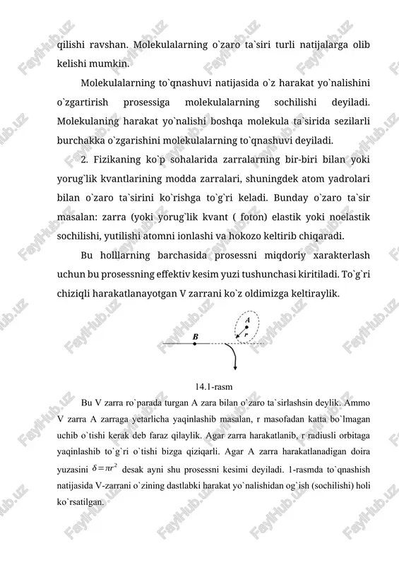 mumkin. molekulalar erkin yo`lining mana shu o`rtacha uzunligi ni hisoblaymiz. tezlik bilan harakatlanayotgan aniq bir molekulani olib qaraymiz; molekulani r radiusli sharga deb tasavvur qilamiz. molekula har bir to`qnashishdan so`ng tezligining yo`nalishini o`zgartiradi, biroq soddalik uchun, molekula to`qnashishigacha qanday yo`nalishda harakatlangan bo`lsa, to`qnashgandan so`ng ham o`sha yo`nalishda harakatlanadi deb faraz qilamiz. bunday tashqari, soddalik uchun, biz tekshirilayotgan molekuladan boshqa barcha molekulalar harakasiz turibdi, deb faraz qilamiz. u holda molekula o`z yo`lida markazlari harakat to`g`ri chizig`idan 2r dan katta bo`lmagan masofaga yotuvchi molekulalarga tegib o`tadi. demak, molekula vaqt birligida, radiusi r=2r va uzunligi son jihatdan molekulaning ( tezligiga teng bo`lgan silindr ichida markazlari joylashgan z dona molekulaning barchasiga tegib o`tadi. bundan silindrning ichida bo`ladigan molekulalarning soni z quyidagiga teng: (14.2) bunda n0 birlik hajmdagi molekulalar soni. bu formulaga r=2r ni qo`shib va ni molekulalar harakatining o`rtacha tezligi deb hisob, molekulalarning vaqt birligidagi o`rtacha to`qnashishlar soni ni aniqlaymiz: (14.3) haqiqatda boshqa molekulalar …