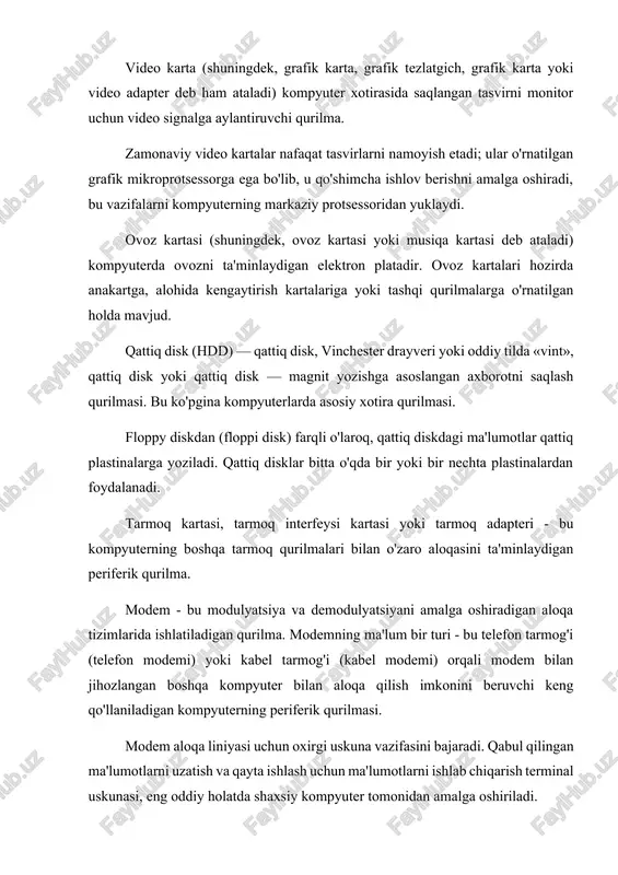 ngan. kompyuter sovutish tizimi - bu kompyuterda issiqlikni tarqatish (asosan sovutish) uchun vositalar to'plami. kompyuter shinasi - kompyuterning funktsional bloklari o'rtasida ma'lumotlarni uzatuvchi kompyuter arxitekturasining quyi tizimi. avtobus odatda haydovchi tomonidan boshqariladi. nuqtadan nuqtaga ulanishdan farqli o'laroq, avtobus bir qator simlar orqali bir nechta qurilmalarni ulashi mumkin. televizion tyuner - televizor signallarini turli translyatsiya formatlarida qabul qilish va ularni kompyuter monitorida ko'rsatish uchun mo'ljallangan televizor qabul qiluvchi (tyuner) turi. aksariyat zamonaviy televizor tyunerlari fm radiostantsiyalarini ham qabul qiladi va videoga olish uchun ishlatilishi mumkin. zamonaviy shaxsiy kompyuterning tashqi arxitekturasi monitor, klaviatura, sichqoncha va dinamik tizimning tizim blokiga ulanishidir. tizim bloki (jargon: tizim bloki, korpus) - bu shaxsiy kompyuterning ichki qismlarini tashqi ta'sirlardan va mexanik shikastlanishdan himoya qiluvchi, tizim bloki ichidagi kerakli haroratni saqlaydigan, ichki qismlar tomonidan hosil bo'ladigan elektromagnit nurlanishni himoya qiluvchi va kelajakda tizimni kengaytirish uchun asos bo'lib xizmat qiluvchi funktsional komponent. tizim birliklari ko'pincha po'lat, alyuminiy va plastmassa …