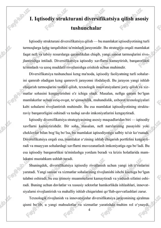 rga yo‘naltirish, soliq imtiyozlari va texnologik yordam ko‘rsatish orqali yangi tarmoqlarni rivojlantirishni qo‘llab-quvvatlaydi. xususiy sektor esa innovatsiyalarni joriy qilish, ishlab chiqarishni kengaytirish va eksportni rag‘batlantirish uchun muhim rol o‘ynaydi. ayni paytda, diversifikatsiya jarayonida ayrim muammolar ham mavjud. resurslar cheklovlari, texnologik kamchiliklar, bozorlarning talablaridagi o‘zgarishlar va malakali kadrlar yetishmovchiligi kabi muammolar bilan yuzlashiladi. bu muammolarni hal qilish uchun, mamlakatlar ilg‘or texnologiyalarni olib kirish, malakali ishchi kuchini tayyorlash va bozorlarni diversifikatsiya qilish uchun davlat va xususiy sektor hamkorligini kuchaytirishi zarur. xulosa qilib aytganda, iqtisodiy strukturani diversifikatsiya qilish mamlakat uchun iqtisodiy xavfsizlik va barqarorlikni ta’minlashning muhim strategiyasidir. bu jarayon nafaqat iqtisodiy o‘sishni rag‘batlantiradi, balki mamlakatning xalqaro maydonda raqobatbardoshligini oshiradi. diversifikatsiya va texnologik modernizatsiya orqali mamlakat o‘zining iqtisodiy salohiyatini kengaytirib, kelajakda yanada mustahkam va rivojlangan iqtisodiyot qurishga intiladi. ii. tashqi bozorlarni o‘rganish va raqobatbardoshlik strategiyalari tashqi bozorlarni o‘rganish va raqobatbardoshlik strategiyalari iqtisodiy rivojlanish jarayonida muhim o‘rin tutadi. bu jarayon mamlakatimiz iqtisodiyotining diversifikatsiya va modernizatsiya …