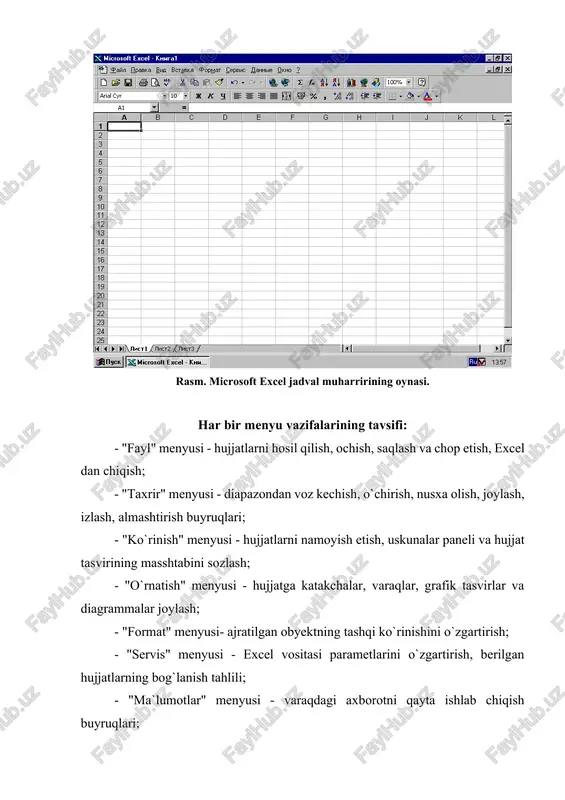 i. microsoft excel fayli ishchi kitobi deyiladi. excel yuklangach, avtomatik ravishda yangi ishchi kitobi hosil bo`ladi. agar excel yuklangan bo`lsa, u holda uskunalar panelidagi mos keluvchi ishchi kitob hosil qilish tugmasi yoki ctrlqn tugmalari birgalikda bosiladi. agar avval hosil qilingan ishchi kitobini ochish kerak bo`lsa, uskunalar panelidagi mos keluvchi tugma yoki (ctrlqo) tugmalari birgalikda bosiladi va fayllar ro`yxatidan keraklisini tanlab, ok ni bosish kerak. 2. ishchi kitobini saqlash: a) uskunalar panelidagi tugma yordamida yoki b) ctrlqs tugmalar birgalikda bosiladi. agar kitob saqlanmagan bo`lsa, "kabi saqlash" dialog menyusi chiqadi. fayl nomi maydoniga ishchi kitobingiz nomini kiriting yoki dasturda tavsiya etilganini qoldiring. ok tugmasini bosing. agar kitob oldin saqlangan bo`lsa, dialog oynasi chiqmaydi. boshqa nom bilan saqlash uchun ctrlqs ni bosish, fayl nomini yozish va ok ni bosish kerak. ishchi kitobni yozish - fayl menyusidan yopish buyrug`i (ctrlqf4). agar bir necha ishchi kitob ochilgan bo`lsa, u holda fayl menyusida hammasini yopish buyrug`i …
