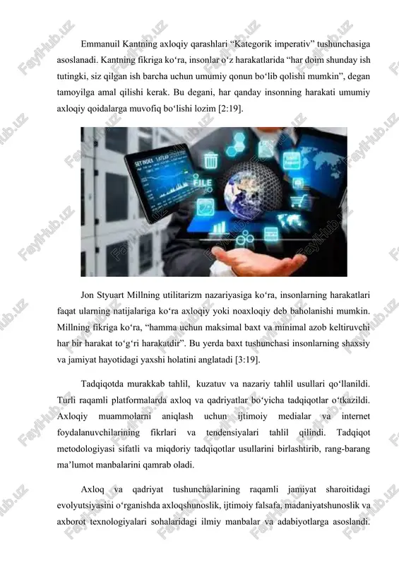 qda. aksariyat foydalanuvchilar shaxsiy maʼlumotlari, parollar va bank maʼlumotlarini xavfsiz saqlash borasida yetarli bilimga ega emas. bundan tashqari, kiberhujumlar, shaxsiy maʼlumotlarning yoyilishi va axborot xavfsizligi bilan bogʻliq boshqa muammolar shaxslar va tashkilotlar oʻrtasidagi ishonchsizlikni kuchaytiradi [2:76]. raqamli platformalarda odamlar oʻrtasidagi muloqotlar koʻp hollarda agressiya, nafrat va haqoratlarga aylanadi. bu, ayniqsa, yoshlar oʻrtasida kiberbulling holatlarining koʻpayishiga olib keladi. buning sababi anonimlik, javobgarlikning yetishmasligi va foydalanuvchilarda axloqiy normalarni bilish va ularga rioya qilish darajasining pastligidir. kiberbulling va onlayn agressiya raqamli jamiyatdagi eng jiddiy axloqiy muammolardan biri hisoblanadi. raqamli platformalar va ijtimoiy tarmoqlar orqali odamlar oʻrtasidagi muloqotlar koʻp hollarda agressiv va salbiy xatti-harakatlarga aylanadi. ayniqsa, yoshlar oʻrtasida kiberbulling holatlarining koʻpayishiga sabab boʻladi. buning oqibatlari juda jiddiy boʻlishi mumkin, chunki kiberbullingning qurbonlari koʻpincha psixologik jarohat oladi, oʻziga boʻlgan ishonchi pasayib, tushkunlikka tushadi. hatto suitsidga olib keluvchi holatlar ham kuzatilishi mumkin. raqamli muhitda anonimlikni saqlash imkoniyati katta boʻlgani bois foydalanuvchilar oʻz harakatlari uchun javobgarlikni his …
