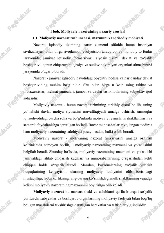 dan kelib chiqqan holda o‘zgarib turadi. masalan, korxonalarning xo‘jalik yuritish huquqlarining kengayishi, ularning moliyaviy faoliyatini olib borishdagi mustaqilligi, tadbirkorlikning rang-barang ko‘rinishdagi mulk shakllarining vujudga kelishi moliyaviy nazoratning mazmunini boyitishga olib keladi. moliyaviy nazorat bu maxsus shakl va uslublarni qo‘llash orqali xo‘jalik yurituvchi subyektlar va boshqaruv organlarining moliyaviy faoliyati bilan bog‘liq bo‘lgan masalalarni tekshirishga qaratilgan harakatlar va taftishlar yig‘indisidir. moliyaviy nazorat - bu moliyaviy tekshirish va u bilan bog‘liq bo‘lgan masalalar harakatini va muomalasini majmui bo‘lib, xo‘jalik subyektlari faoliyatini va boshqarishni o‘ziga xos usullar va shakllar yordamida tashkil etish. moliyaviy nazorat tizimi subyektlar (nazorat qiluvchilar), obyektlar (nazorat qilinuvchilar), nazoratning usul va vositalarini birgalikda jamlab, o‘z ichiga oladi. ular nazorat obyektining holatini, ijroning kutilgan natijalarini aniqlash, ularni tahlil qilish va baholash, tuzatish kiritishga qaratilgan xatti-harakatlar yo‘sinini ishlab chiqish uchun yaxlit uyg‘unlikda hamkorlik qiladi. moliyaviy nazorat - tarmoqlar iqtisodiyotidagi nazoratning tarkibiy qismi bo‘lib, u qiymat kategoriyasi bilan bog‘liqdir. moliyaviy nazorat ma’lum bir sohalarda …