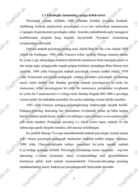 ishidagi turli qiyinchiliklarni korreksiya qilish, kasb tanlash muammolaridir. chexoslavakiyadagi psixolog maslahatchining asosiy funktsiyasi psixodiagnostik faoliyatdan iboratdir. sobiq sovet psixologiyasida bolalar tarbiyasi va ta'limida psixologiyadan foydalanish borasida urinishlar pedologiya doirasida vujudga keldi. pedologiya rivojlanayotgan va o`sayotgan shaxsning barcha biologik va ijtimoiy xususiyatlarini qamrab oluvchi fandir. 1936 yilda pedologik qarashlarni to`xtatish haqida qaror qabul qilindi, shu bilan birga rus psixologlari amalga oshirayotgan bola psixologiyasidagi ijobiy izlanishlar ham to`xtab qoldi. faqat 60 yillarning oxiriga kelib, psixologlarning maktab ishida amaliy ishtirok etishi qayta tiklandi. sobiq sovet ittifoqida birinchi bo`lib estoniyada 1975 yilda maktabda psixologik xizmat tashkil etildi (rahbari x.i.liymets, yu.l.sierd bo`lib, tarbiyasi qiyin o`smirlar uchun maxsus maktablarda ish olib bordilar). rossiyada 1982 yilda maktablarda psixolog shtati ochildi. rossiyada i.v.dubrovina psixologik xizmatning rivojlanishiga ulkan ulush qo`shgan, u ushbu mavzuda doktorlik dissertasiyasini yoqlagan va bir qancha asarlar muallifidir.1984 yilda moskvada sobiq sovet ittifoqida psixologiya institutida "sssrda psixologik xizmat muammolari bo`yicha i umumittifoq anjumani bo`lib o`tdi. anjumanda …