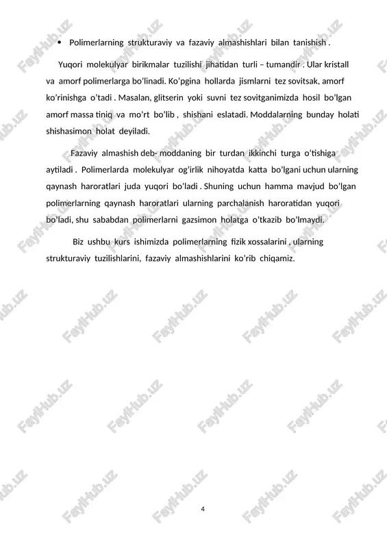 sh , hajmiy siqilish g-siljish moduli , b-hajmiy elestiklik moduli deb ataladi. ular orasidagi bog’lanish ifodasi quyidagicha: ; (5) bunda µ-puasson koeffitsiyenti deb yuritiladi. agar µ=0,5 bo’lsa , e=3g gat eng bo’ladi. modul-materialning qattiqligini ifodalaydi. modul qancha katta bo’lsa, deformatsiya shuncha kichik bo’ladi (𝜎=const). yuqori elastik holatda amorf polimerlarning relaksatsion xossalariga to’xtalamiz. termodinamik qonunlarga muvofiq turli tizimlarda o’z-o’zidan yuz beradigan barcha jarayonlar oxir oqibatda muvozanat holatiga yaqinlashadi. tizimli nomuvozanat holatdan muvozanat holatga o’tishi relaksatsion jarayon deb yuritiladi . barcha real tizimlarning mexanik xossalari relaksatsion tavsifga ega bo’ladi . plimerlar yuqori elastik holatda bir qator relaksatsion jarayonlarni namoyon qiladi: 1. polimerlarga yuqori kuchlanish berilsa , unda oqish jarayoni kuzatilmasa , bunday kuchlanish ma’lum muvozanatli yuqori elastik deformatsiyaga mos keladi. ammo tizim doimiy kuchlanishga mos keladigan muvozanatli yuqori elastikli deformatsiyaga darhol erishmaydi. 2. polimerlar juda katta tezlikda deformatsiyalansa va shu holatga ushlab turilsa, unda kuchlanish vujudga keladi va uning boshlang’ich miqdori muvozanatli …
