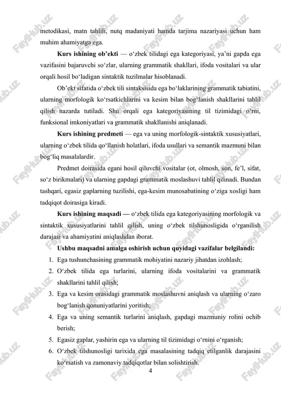 kitob o‘qimoqda” gapida o‘quvchilar so‘zi ega bo‘lib, u harakatning bajaruvchisini bildiradi va kitob o‘qimoqda kesimi bilan shaxs-son jihatidan moslashgan. eganing grammatik mohiyatini tahlil qilganda, u asosan so‘z turkumi, morfologik shakl, sintaktik vazifa va bog‘lanish xususiyati bilan aniqlanadi. ega ko‘pincha ot turkumiga mansub so‘zlar orqali ifodalanadi, chunki ot predmetlikni bildiradi. shu bois, ega gapda “kim?” yoki “nima?” so‘rog‘iga javob beradi[footnoteref:1]. masalan, “qushlar uchmoqda” gapida qushlar so‘zi ot turkumiga mansub bo‘lib, uchmoqda fe’lining bajaruvchisini bildiradi. ega sifatida olmoshlar ham keng ishlatiladi. “u darsga keldi” gapida u so‘zi olmosh bo‘lsa-da, semantik jihatdan shaxsni ifodalab, grammatik vazifada ega sifatida qatnashgan. shuningdek, sonlar ham ega vazifasini bajaradi: “uch kishi imtihondan o‘tdi” gapida uch kishi so‘z birikmasi ega vazifasida kelib, harakatni bajargan predmetni bildiradi. [1: abdurahmonova, g. a. o‘zbek tili sintaksisining nazariy masalalari. – toshkent: fan va texnologiya, 2019. – 248 b.] ba’zan fe’lning masdar shakli ham ega bo‘lib keladi. “o‘qish insonni kamolga yetkazadi” gapida o‘qish …