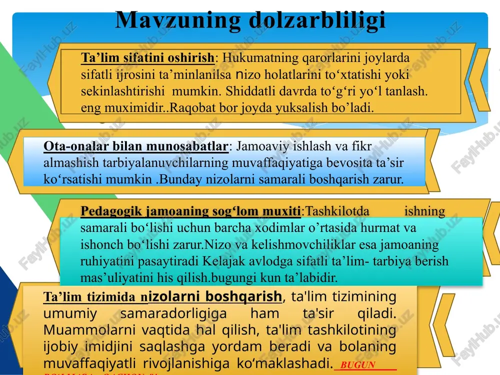 iddiyatlarni har bir tomon manfaatlariga e’tibor bergan holda adolatparvarlik mezonlari yechimga yechimga olib kelishini ahamiyat kasb etadi. mttdagi tajribali pedagoglarning ish usullarini yosh pedagoglarga oʻrgatish orqali kadrlar oʻrtasidagi nizolarni hal qilish mumkin. mttda direktorlarining boshqaruv va nizolarni hal qilishining zamonaviy usullarini tashkil etilgan seminar – treninglar orqali doimiy rivojlantirib borish lozim. mttida mavjud ish yuklamalari va kadrlarga toʻlanadigan maosh masalasini jiddiy oʻylab koʻrish kerak deb hisoblaymiz. mttida ota-onalar bilan ochiq va muntazam muloqot ularni mashgʻulotlarga jalb etish,takliflarini tinglash orqali oʻzaro hamkorlikni mustahkamlashi mumkin. mttida resurslar va sharoitlarni yaxshilash, taʼlim sifatini yaxshilash uchun davlat va xususiy sektor investitsiyalarini koʻpaytirish, zarur resurslarni yetkazib berish va pedagoglar malakasini oshirish dasturlari kerak. mttida bolalar oʻrtasidagi nizolarni oʻzaro nazorat qilishda pedagoglar psixologik uslublarni yaxshi bilishi va metodlarni qoʻllay olishi kerak. muammo yuzasidan xorijiy tajribalarning oʻrganilganligi psixologik yondashuvlar: aqshda, maktabgacha taʼlim tashkilotlarida psixologik xizmatlar va maslahatlar mavjud, bu pedagoglar va ota-onalarga nizolarni bartaraf etishning samarali usulini …