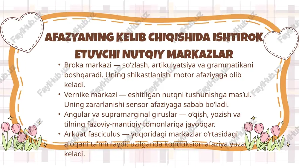 di. afaziyani aniqlash va davolash uchun neyropsixologik testlar, nutq terapevtining baholashi, va miya tomografiyasi (mri yoki kt) qo‘llaniladi. dastlabki sababga qarab, bemorga logopedik reabilitatsiya, dori-darmon, yoki neyrojarrohlik aralashuvi tavsiya etiladi. e’toboringiz uchun raxmat image1.png image2.svg image3.png image4.svg image5.png image6.svg image7.png image8.svg image9.png image10.svg /docprops/thumbnail.jpeg
