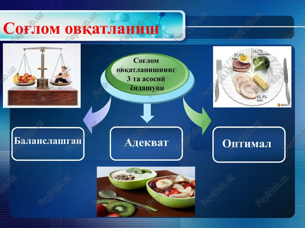 omni hatto sovutgichda ham uzoq vaqt saqlamang; mahsulotlarni xona haroratida muzdan tushirish tavsiya qilinmaydi. ovqatlanishning oltin qoidalari agar biron – bir kasallikni boshingizdan kechirsangiz yoki qandaydir surunkali kasalliklaringiz bo'lsa, albatta vrach maslahatini oling. ovqat turlarini tanlashda birinchi navbatda o'z sog'lig'ingizni e'tiborga oling ovqat mahsulotlarining tashqi ko'rinishi chiroyli bo'lishi, uning rangi, xidi, ko'rinishi odam ishtaxasini ochishi kerak. iste'mol qilingan ovqat organizmda noxushlik keltirib chiqarsa, ko'ngil aynish, qusish, og'riq yoki boshqa belgilar paydo bo'lsa, vrachga murojaat qilish zarur. e'tiboringiz uchun rahmat! image4.gif image5.png image43.png image6.jpeg image7.jpeg image8.jpeg image9.jpeg image10.jpeg image11.jpeg image12.jpeg image13.jpeg image14.jpeg image15.jpeg image16.jpeg image17.jpeg image18.jpeg image19.jpeg image20.png image21.jpeg image44.png image22.png image23.png image24.jpeg image25.jpeg image26.jpeg image45.png image27.png image28.png image29.jpeg image30.png image31.jpeg image32.jpeg image33.jpeg image34.jpeg image35.jpeg image36.jpeg image37.jpeg image38.jpeg image39.jpeg image40.jpeg image41.jpeg image42.jpeg image3.jpeg image2.png /docprops/thumbnail.jpeg