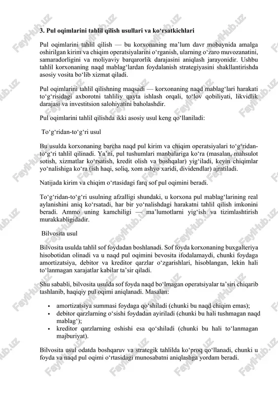 i boshqa moliya institutlaridan olingan kreditlar; · aksiyalar yoki obligatsiyalarni joylashtirishdan tushgan mablag‘lar; · aksiyadorlarga to‘langan dividendlar; · qarzlarni yoki foiz to‘lovlarini qaytarish bilan bog‘liq chiqimlar. moliyaviy faoliyatdan pul oqimlari korxonaning kapitalni jalb qilish va uni boshqarish imkoniyatini aks ettiradi. u orqali korxona naqd mablag‘ yetishmovchiligini qoplash yoki yangi loyihalarni boshlash uchun tashqi resurslardan foydalanadi. umuman olganda, pul oqimlarining turlarga bo‘linishi ularni alohida tahlil qilishni osonlashtiradi. har bir turdagi oqim korxona faoliyatining ma’lum bir yo‘nalishini ifodalaydi va ularning o‘zaro muvozanatda bo‘lishi moliyaviy barqarorlikni ta’minlaydi. agar korxonada operatsion faoliyatdan ijobiy, investitsion faoliyatdan esa vaqtinchalik salbiy oqim kuzatilsa, bu odatda normal holat sanaladi, chunki investitsiyalar kelajakdagi daromadni oshirishga xizmat qiladi. 3. pul oqimlarini tahlil qilish usullari va ko‘rsatkichlari pul oqimlarini tahlil qilish — bu korxonaning ma’lum davr mobaynida amalga oshirilgan kirim va chiqim operatsiyalarini o‘rganish, ularning o‘zaro muvozanatini, samaradorligini va moliyaviy barqarorlik darajasini aniqlash jarayonidir. ushbu tahlil korxonaning naqd mablag‘lardan foydalanish strategiyasini …