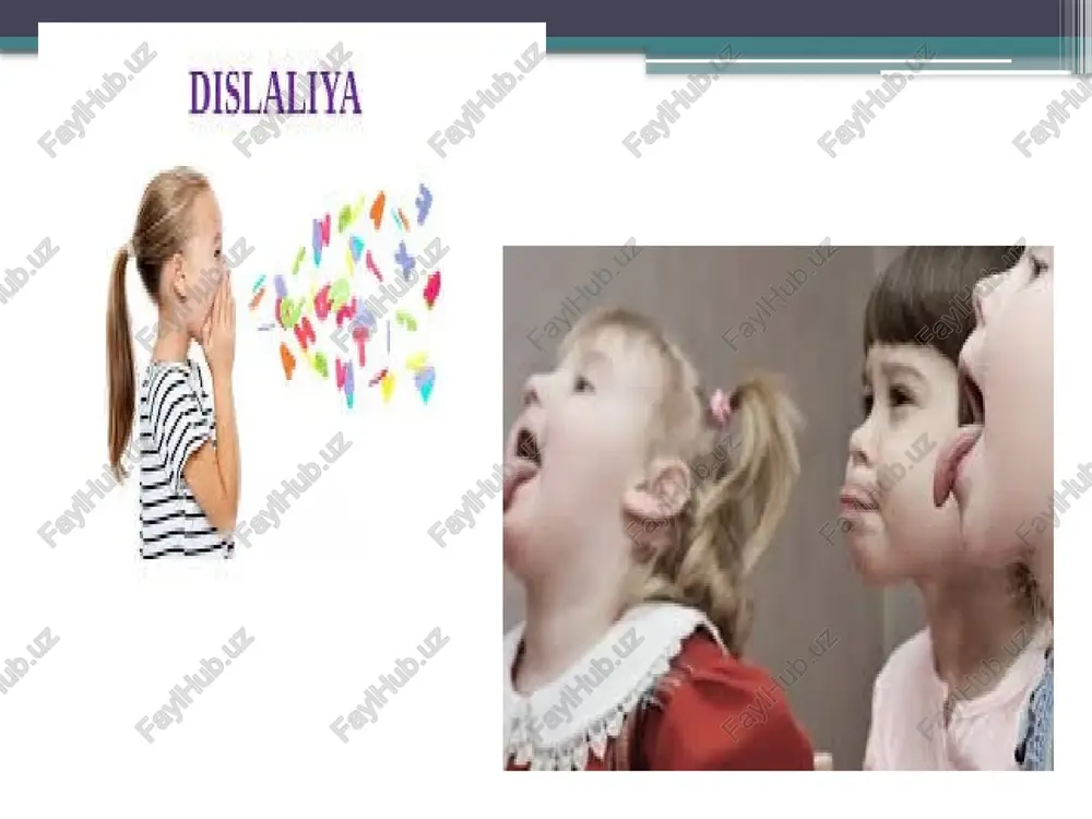 orish zarur, chunki bu organlar tovushlarni talaffuzida birgalikda ishtirok etishadi, bir-biriga moslashadi (bu ko‘rinishni koartikulatsiya deyiladi). 4. bola toliqib qolmasligi uchun mashg‘ulotlar qisqa, lekin ko‘p marta o'tkazilishi lozim. orada boshqa ish turi bilan shug‘ullanish lozim. 5. kinestik sezgini, kinestikanaliz va tasavvurni shakllantirishga katta e ’tibor berish kerak. 6. harakatlarni o‘zlashtirish bilan birga, tovushlarni realizatsiya qilish uchun logoped boshqa tovushlarga kerak bo‘lgan harakatlar ustida ishlashga o‘tadi. dislaliyani b a rta ra f etishda logopedik ta ’sir metodikasi talaffuz buzilishlarni bartaraf etish uchun logopedik ta’sir lozim. logopedik ta’sirning asosiy maqsadi, nutq tovushlarini to‘g‘ri shakllantirishdir. nutq tovushlarini to‘g‘ri tiklash uchun bola quyidagilarni bilishi lozim: nutq tovushlarini bilishi va ularni idrokida aralashtirib yuborishi kerak emas bir tovushni ikkinchisidan akustik belgisi bo‘yicha ajratabilishi normal talaffuz qilingan tovushdan noto‘g‘ri taiaffuz qilingan tovushni ajrata bilishi o ‘zi talaffuz qilgan tovushni eshitib nazorat qila bilishi va sifatini baholashi tovushni normal,effektini, akustik effektini hosil qiluvchi artikulatsion holatni bajara olishi …