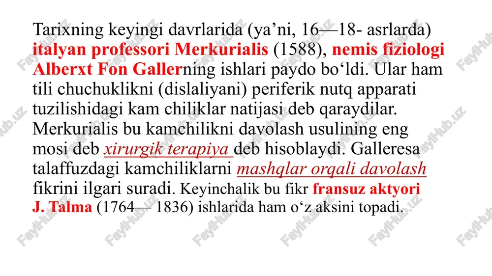 alaffuzidagi kamchiliklardir. r tovushini boshqa tovushlar bilan almashtirilishi pararotatsizm deb yuritiladi. masalan, raketa — "yaketa", rom — "lorn", ruchka — "yuchka". 3. lambdatsizm (grekcha "lambda" harfini nomidan olingan bo‘lib, / tovushini bildiradi) - / tovushining talaffuzidagi kamchilikdan iborat. l tovushining boshqa tovushlarga almashtirilishi paralambdatsizm deb yuritiladi. masalan, lola — "yoya", gul — "guy". 4. til orqa tovushlaridagi kamchiliklar: kappatsizm — k tovushining nutqda yo‘qligi, parakatatsizm "k" tovushini almashtirilishi. masalan, koptok — "topto”, kitob - "titob"; gammatsizm - k tovushining nutqda yo‘qligi, parakatatsizm "g" tovushining almashtirilishi. masalan, gul — "dul", gilam - "dilam"; xitizm - x tovushining nutqda yo‘qligi, paraxitizm "jc” tovushining almashtirilishi. masalan, xat — "tat", xo‘roz — "to‘roz"; yotatsizm — u tovushining nutqda yo'qligi, parayotatsizm "v" tovushining almashtirilishi (grekcha kappa, gamma, xi, yota harflarini nomidan olingan bo‘lib, k, g, x, u tovushlarini bildiradi). 5. jaranglatish nuqsonlari — jarangli undosh tovushlar talaffuzidagi kamchiliklar. bu kamchiliklar jarangli undosh tovushlarni jarangsiz undosh …