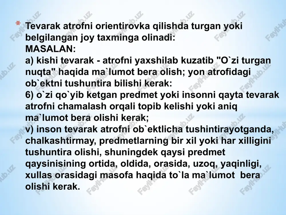hga yordam beradi. masalan hamma o`yinchoqlar ketma - ket turibdi, lekin quyon oldinda, matryoshkalar o`rtada, qo`g`irchoq esa oxirgi orqasida turibdi. . bola orientirovka qilishga o`rganayotganida "yonma-yon" so`zining ma`nosiga keyinroq tushunadi, yoki "o`rtada", "orasida" kabilarni o`rganib bo`lgach, keyinroq "atrofida", "chetida", yoki "yonidan", yana keyinroq borib bola bu so`zlarni atroflicha tushuna boshlaydi va chap tarafdami? yoki o`ng tarafdami? farqlay boshlaydi. lekin bolalarga tevarak atrofni orientirovka qilishga o`rgatish ishini turli yo`llar va yo`llanmalar bilan tushintirish kerakligini unutmaslik kerak. e’tiboringiz uchun rahmat. image1.jpeg /docprops/thumbnail.jpeg