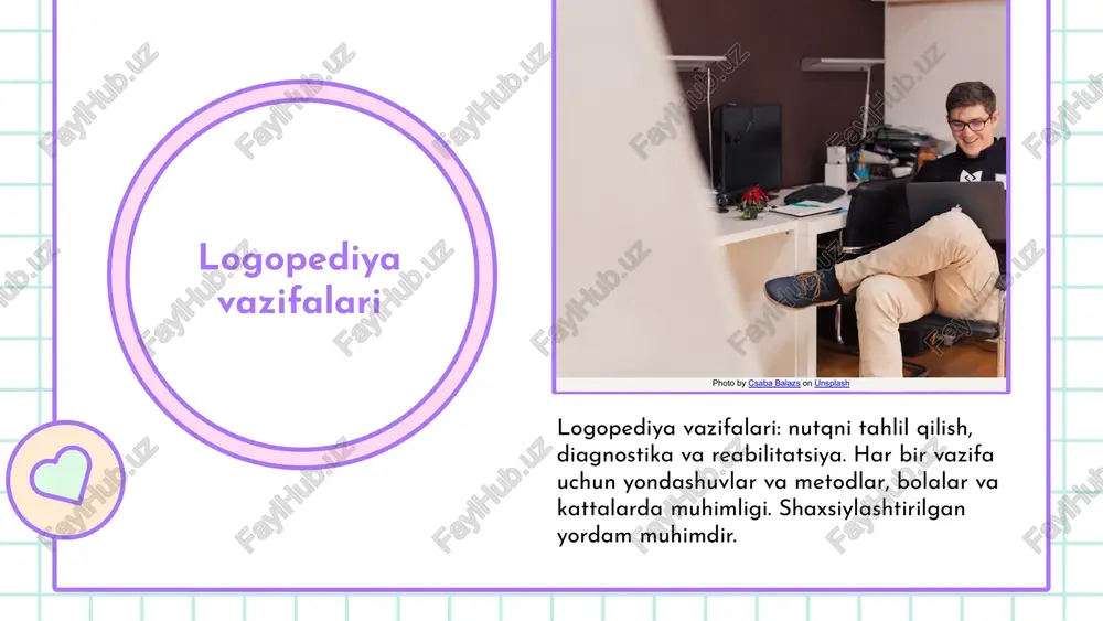 va lingvistika logopedika va lingvistika o'rtasidagi bog'liqlik tilshunoslik asoslariga tayanadi. logopedika til va nutq muammolarini o'rganadi. 2023 nutq va til farqlari nutq - insonning fikrlarini ifoda qilish usuli, til esa bu fikrlarni ifodalash uchun qoidalar va belgilar tizimidir. ular o'rtasida farq bor. 2023 lingvistik asoslar linguistik asoslar til tuzilishi, fonetika, morfologiya, sintaksis va semantikani o'rganadi. logopedika ulardan nutq muammolarini aniqlashda foydalanadi. 2023 hamkorlik va amaliyot logopedika va lingvistika hamkorligi nutq va til muammolarini yechishda muhim. birgalikda ishlash orqali samaradorlik oshadi. logopediya va lingvistika logopediya va tibbiyot logopediya va tibbiyot o'rtasidagi aloqa keng qamrovli bo'lib, sog'liqni saqlash va nutq terapiyasida muhim rol o'ynaydi. tibbiy muammolar va yondashuvlar nevrologik kasalliklar, jarrohlik amaliyotlari va boshqa muammolar nutqga ta'sir qilishi mumkin, shuning uchun hamkorlik muhim. tibbiy yordam va terapiya tibbiy muolajalar va logopedik terapiyalar, masalan, og'iz va bo'yin sohasidagi jarrohlik, muammoni hal qilishda muhim rol o'ynaydi. hamkorlikning ahamiyati tibbiy va logopedik ma'lumotlar birlashib, sog'liqni …