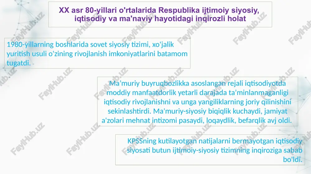 dastlab 23 may kuni boshlangan fojea ikki kundan keyin toshloq tumaniga, undan so'ng marg`ilon va qo'qon shaharlariga tarqaldi. hukmron partiya va sovet hukumati rahbarlari bo'layotgan bu jarayonlardan manfaatdordek, fojea ildizlarini so'rab-surishtirishni o'ylamas edi. ular ana shunday betayin pozitsiyasi bilan o'zbekistonda beqaror vaziyatni vujudga keltirish, ohir-oqibatda butun o'rta osiyoda fuqarolar urushini, qonli fojealarni avj oldirishni ko'zlab yurgan, qizil imperiyani qanday qilib bo'lsa-da saqlab qolishga intilayotgan markazdagi yovuz kuchlarga yo'l ochib berayotgan edi. 3. ijtimoiy-iqtisodiy, siyosiy barqarorlikni ta’minlashdagi chora-tadbirlar. 1989 yil 23 iyun kuni bo‘lib o‘tgan o‘zbekiston kompartiyasi mqning xiv plenumida islom abdug‘anievich karimov o‘zbekiston kompartiyasi mqning birinchi kotibi etib saylandi. respublikaning barcha sohalaridagi me’yorlarning buzulish holatini tartibga solish, axloqiy-me’yoriy muvozanatni qaror toptirish, ma’naviy bo‘shliq, ijtimoiy hayotdagi parokandalikni bartaraf etish zarur edi. islom karimov respublika rahbari sifatida faoliyat ko‘rsata boshlagan dastlabki kunlaridanoq o‘zbek xalqi manfaatlari, sha’ni va g‘ururini himoya qilishga kirishdi. yurtimizda 1989 yil 17 avgustda islom karimov boshchiligida respublika hukumatining toshkentda …