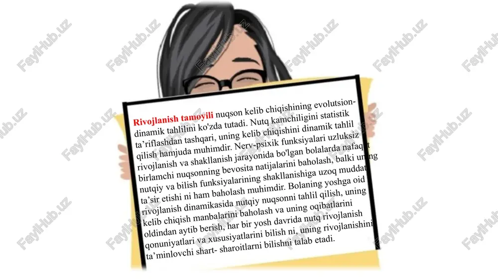 rining o'zaro aloqasi nutq rivojlanishi jarayonida yaqqol namoyon bo‘ladi. fonetik rivojlanish lug‘at boyishiga va grammatik vositalarning kengayishiga yordam beradi. nutq rivojlanishi sistemogenez tamoyili bo'yicha amalga oshadi. bu organizm rivojlanishining o'ziga xos qonuniyati hisoblanadi va asosiy xususiyati funksional sistemaning notekis (geteroxron) rivojlanishidan iborat. bu atrof-muhit shart-sharoitiga to‘g‘ri moslashuvni va moslashib ketishni ta’minlaydi (p.k. anoxin). funksional sistema to‘la darajada birdaniga shakllanmaydi. dastlab organizmning yashab ketishi uchun birmuncha muhim bo‘lgan, tizimning alohida komponentlarining struktura (tuzilish) qismlari birlashadi. shunga bog‘liq holda funksional sistemalar organizm hayotida moslashuvchanlikni ertaroq, ularning to‘la va tamomila yetilishiga qaraganda ertaroq egallaydilar. nutq rivojlanishining muhim asosi nutq-eshituv tizimida, so‘ng nutq- harakat analizatorida nutqning intonatsiya-ohang tomonini shakllantirish hisoblanadi. bu bola hayotining dastlabki oylarida inson ovozidagi tovushlarga sezgirligi singari muhim moslashuv ta’siriga egadir va go‘dakni o‘ziga xos insoniy, ijtimoiy muhitda yashab ketishini ta’minlaydi nutqning fiziologik mexanizmi ustida olib borilgan tadqiqotlarning ko'rsatishicha, minimal ta’minlash tamoyili bo'yicha nutqiy sistemaning semantik darajasi boshqalardan ilgari ishlaydi. shu …
